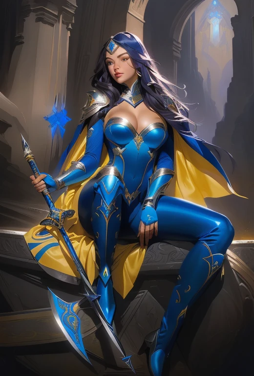 uma pintura de uma mulher com uma roupa azul e amarela segurando uma espada, artgerm julie bell beeple, sedutor elfo princesa cavaleiro, artgerm extremamente detalhado, zenoscope, garota de armadura, mulher paladina de fantasia, estilo ivan talavera e artgerm, Armadura Azul, aly caiu e artgerm