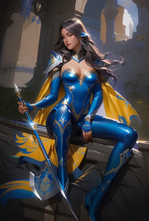 uma pintura de uma mulher com uma roupa azul e amarela segurando uma espada, artgerm julie bell beeple, sedutor elfo princesa cavaleiro, artgerm extremamente detalhado, zenoscope, garota de armadura, mulher paladina de fantasia, estilo ivan talavera e artgerm, Armadura Azul, aly caiu e artgerm