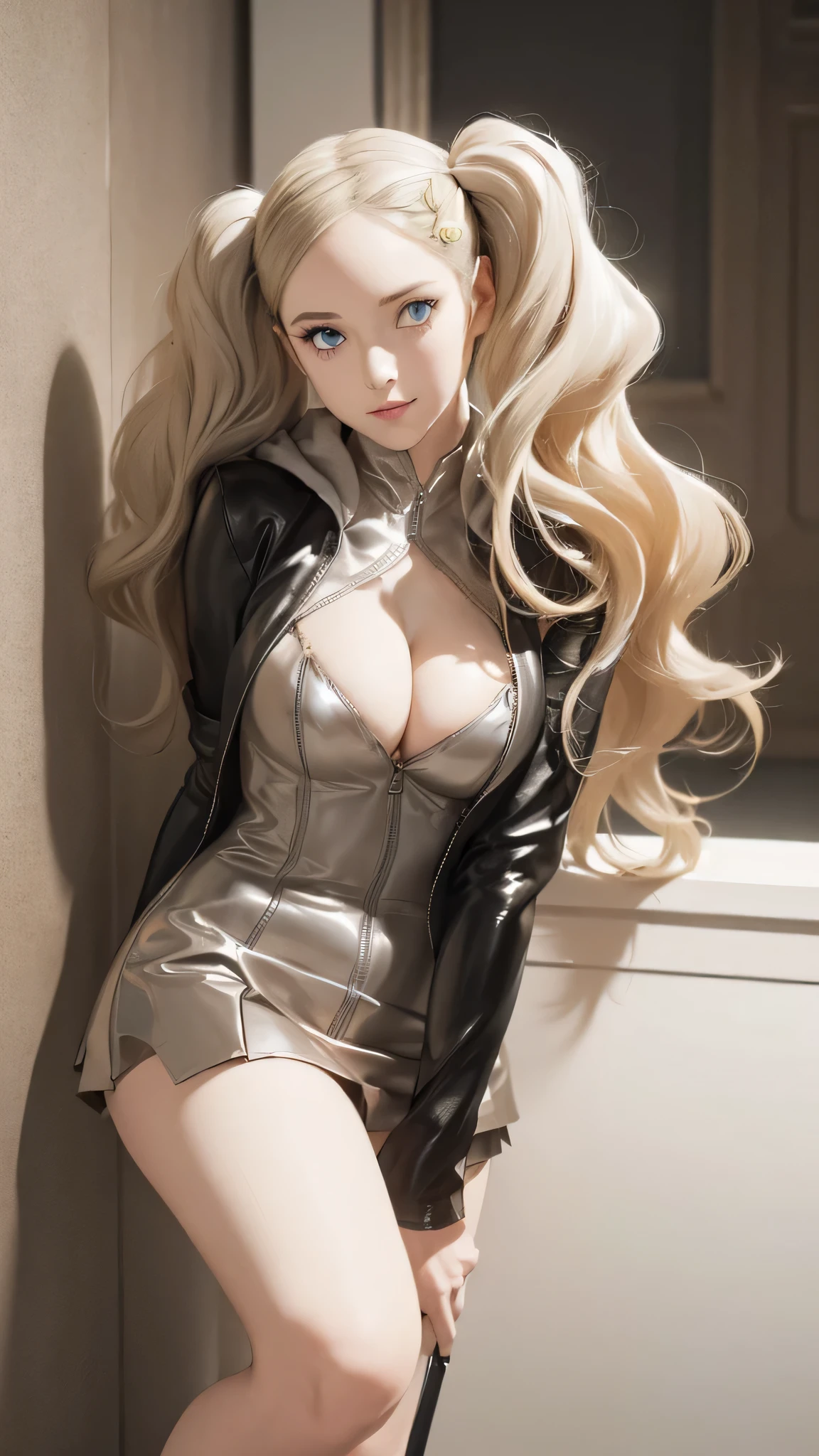 Anne Takamaki, woman:1 person, ((Highly detailed skin), Beautiful realistic face, White skin, Pointed ?????, Perfect ???????, Realistic eyes, Natural Eyes, Blue Eyes, Accurate eye focus), (Hyper Realist, Ultra-realistic, 4k, Attention to detail, Ultra-high resolution, highest quality, masterpiece, Presence, dynamic, bold, Sharpness), (Thinning hair:2), (Soft Hair:2), (Wavy blonde hair in twin tails:1.5), Long, slicked bangs, Very light coppery golden hair, Long blonde hair in twin tails, hair ornaments, Swept-apart bangs, (Leather tight mini skirt, Metallic white hoodie, Simple knee-high boots, He is wearing a metallic black jacket over his hoodie.:1.2), (corridor, wall, Bright indoors), ???????????:1.2, looking at the camera, Tall, Long, slender limbs, Black stiletto boots, whole body, Cleavage, smile, Nikon, Canon,