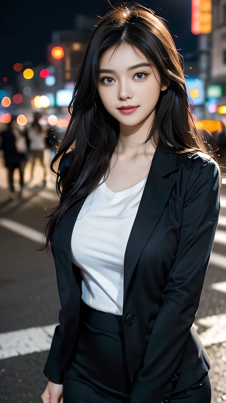 (masterpiece), top-quality, highest quality, very high resolution, hyper realistic, in the night, standing at Tokyo city, pure blue eyeshadow, short eyebrow, Big eyes, smile, Beautiful face, 19 years old gravure girl, incredibly absurdness, a close up, cinema Lights, blurry background, eyes focus, pale skin, skinny, slender arms, (huge breast:1.3), (best balanced body:1.3), ((black hair)), ((long hair straight hair)), ((summer blazer)), T-shirts, pencil skirt,
