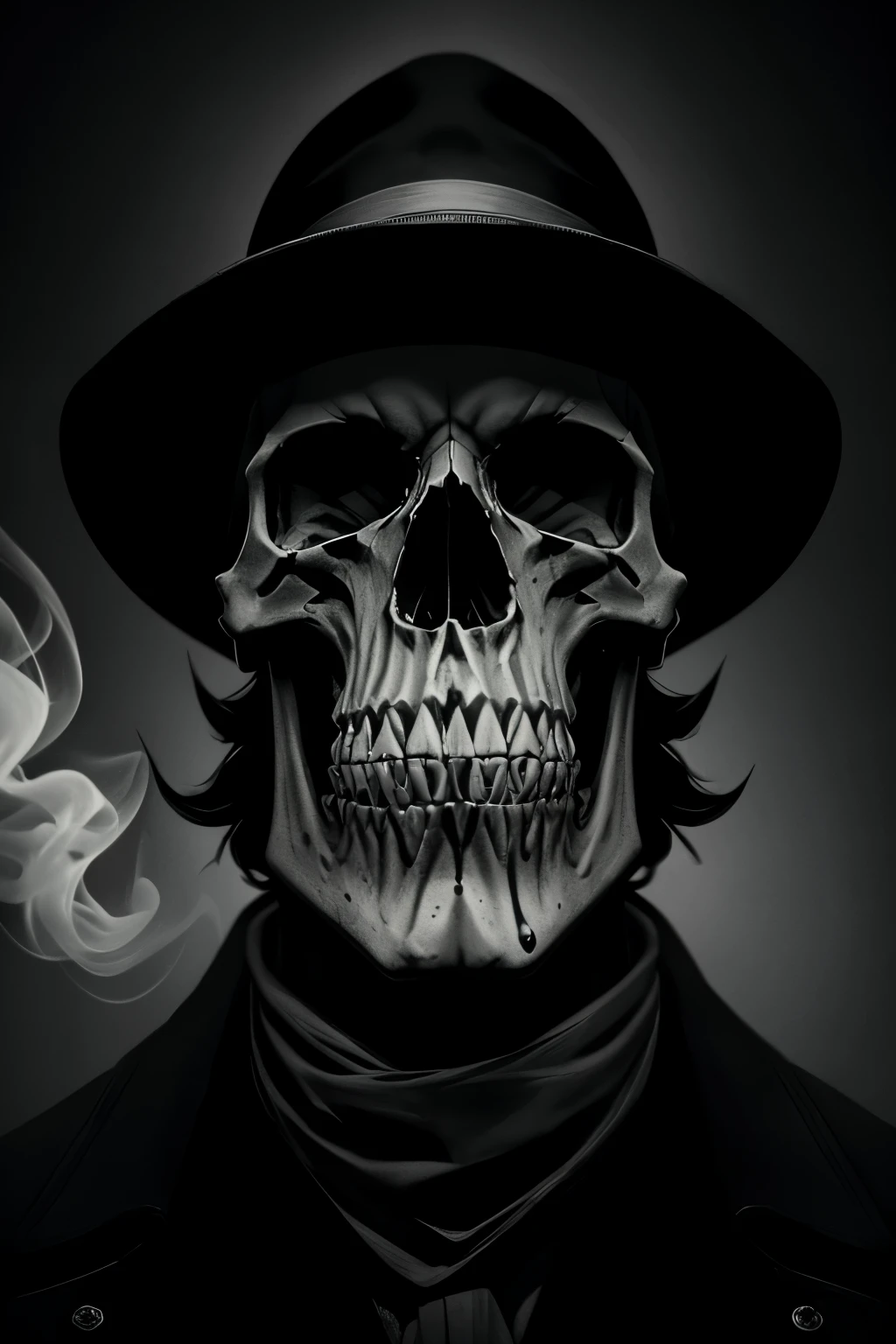 Captivating visual representation of a menacing, smoking skull set against a stark black and white background. The skull, adorned with eerie, intricate patterns, exudes an atmosphere of dread and mystery. Its hollow eye sockets are filled with an eerie green glow, while smoke billows from its nostrils and mouth, enhancing the unsettling aura. The overall effect is one of suspense and anticipation, harking back to classic noir imagery. A Dutch angle and high contrast create an intense, dynamic composition, immersing the viewer in a world of shadows and fear.