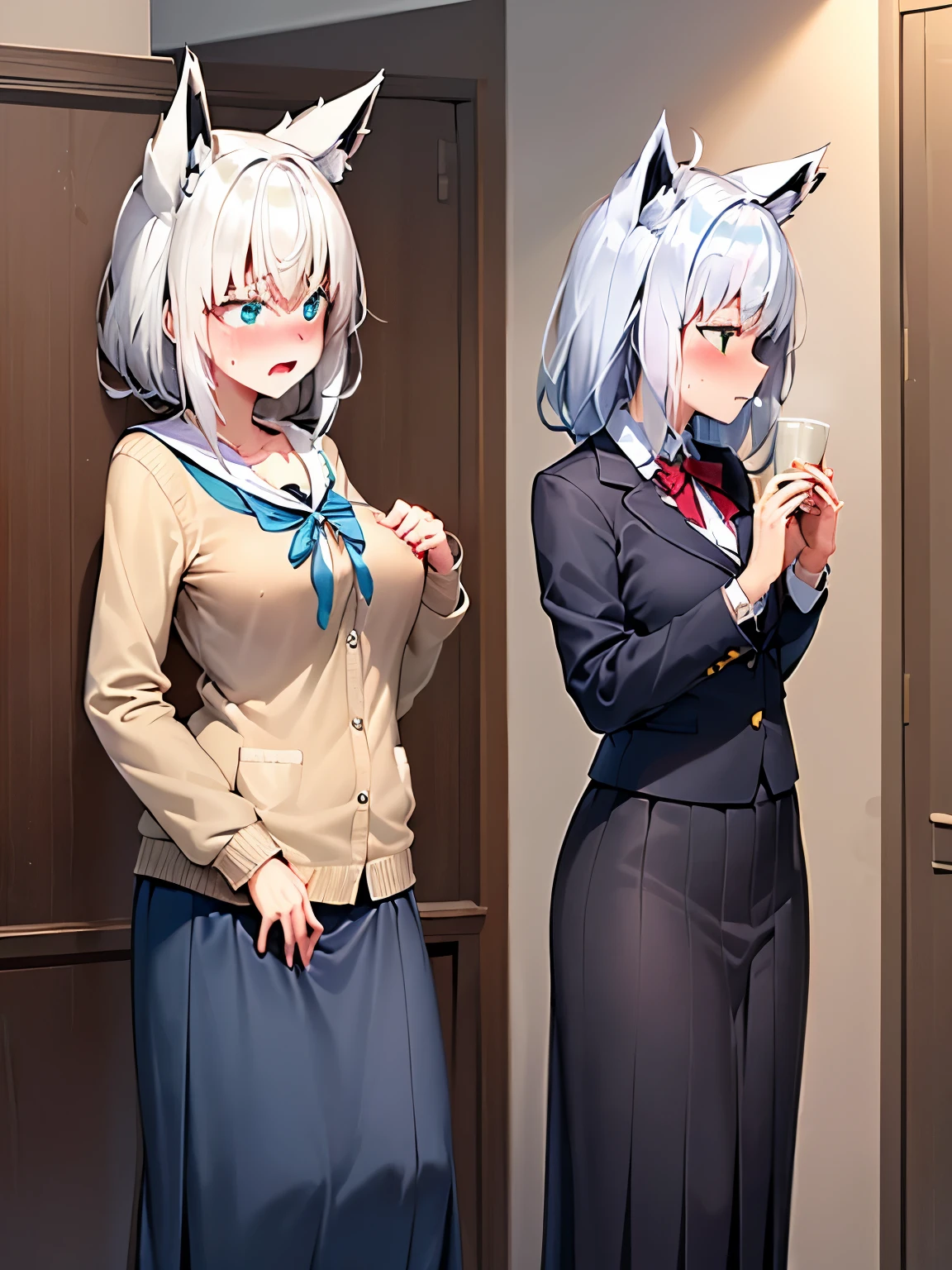 NSFW,Hololive,Shirakami Fubuki,Fox ears,Long ribbon cardigan,Long skirt,(Perfect hands),(Perfect Anatomy),(masterpiece),(highest quality),Embarrassed,blush