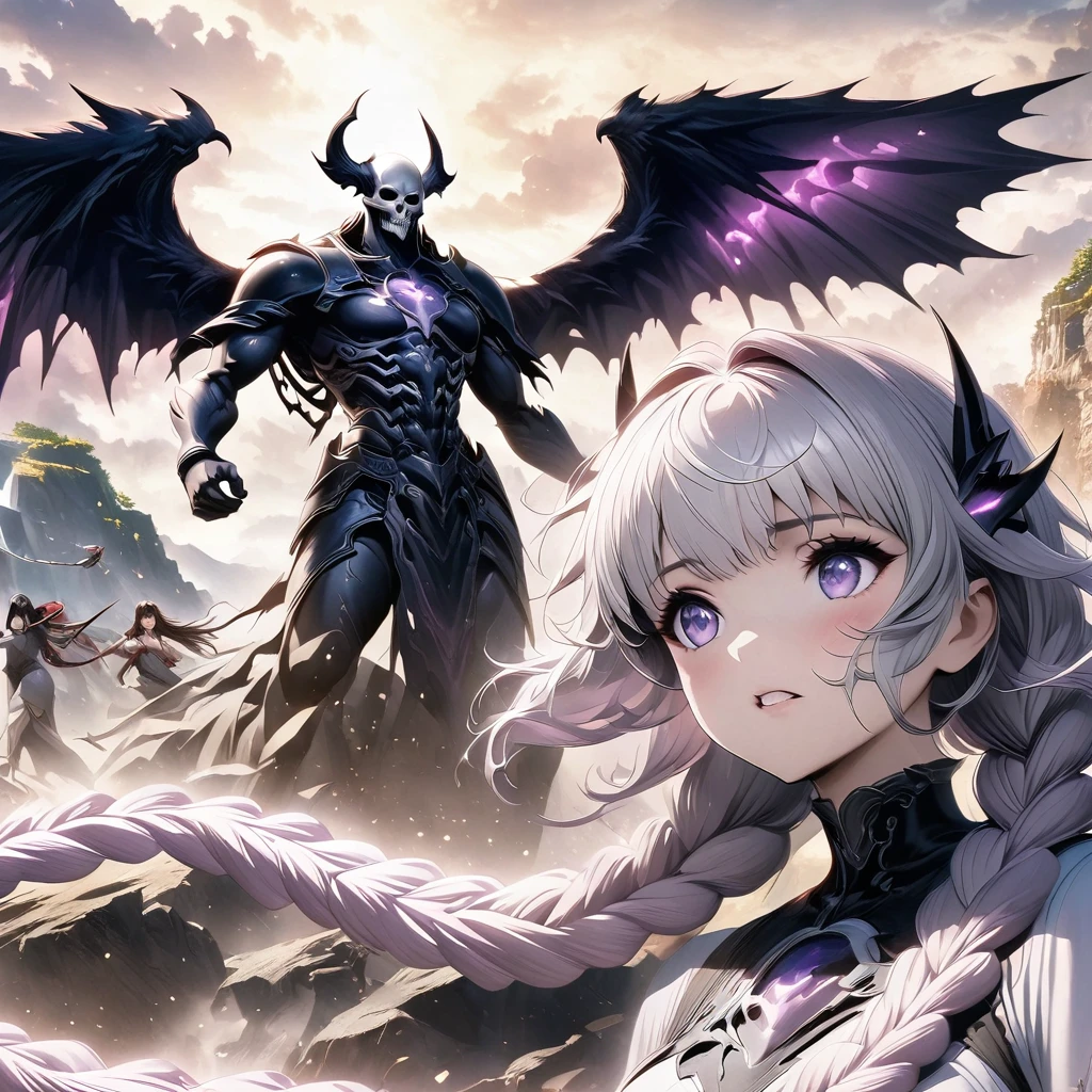 Death Demon,Dragon Island, Double braid girl,(White background:1.2)，Cartoon character with wings flying over woman in purple and white dress, Cool anime 8K, Devil anime girl,  white hair deity, Anime epic artwork, best anime 4k konachan wallpapers, angel knight girl, 2. 5D CGI anime fantasy artwork, Angels Watching the Devil, Anime Key Art, Eros and Thanatos, Dark Angel, Epic anime style, Ghost Hunters Art Style