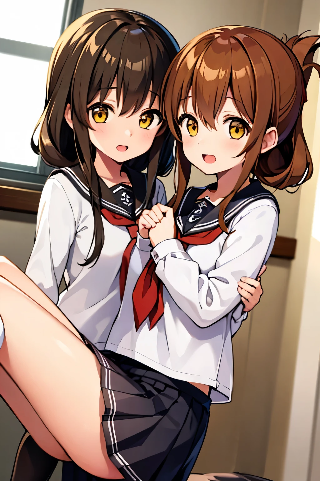 long hair, looking at viewer, blush, smile, open mouth, multiple girls, skirt, brown hair, shirt, long sleeves, 2girls, hair between eyes, brown eyes, , yellow eyes, white shirt, pleated skirt, serafuku, socks, indoors, black skirt, sailor collar, neckerchief, pillow, kneehighs, window, curtains, black socks, carrying, red neckerchief, black sailor collar, folded ponytail, anchor symbol, princess carry, inazuma \(kancolle\),