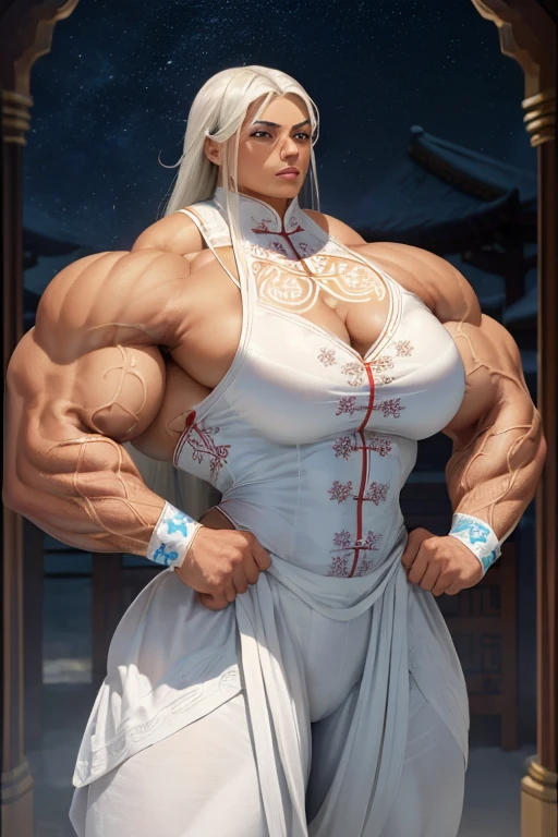 ((((Massive tall, beautiful, buff, brown skinned muscular woman with white hair, ginormous muscles, wearing a beautiful silk white Tai Chi–fu and pants adorned with intricate snowflake designs)))), (close view), massive muscles, massive biceps, hyper muscle shoulders, massive muscle arms, vascular shoulders, hyper muscle triceps, (long straight hair), blue eyes, choker, kung fu shoes, (in a land surrounded by white lightning and thunder), confident smile, night, hyper vascular arm, hyper muscles arms, hyper muscle legs, (massive arms).