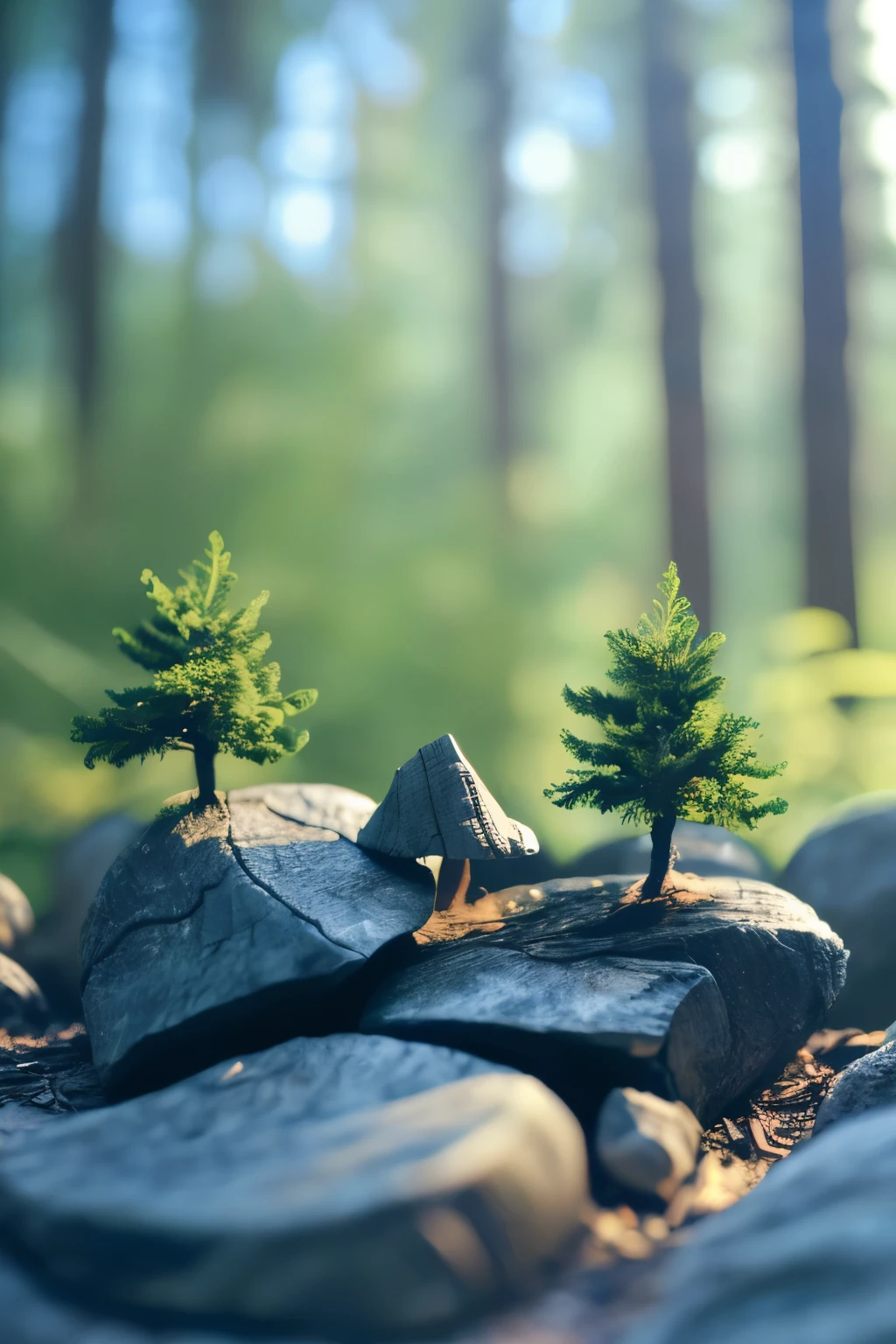 Empty background product photography,forest style, blue sky, sunlight, soft and ethereal, detailed, miniature, wood, HD, 8K, plants and trees on rocks, montage.8K