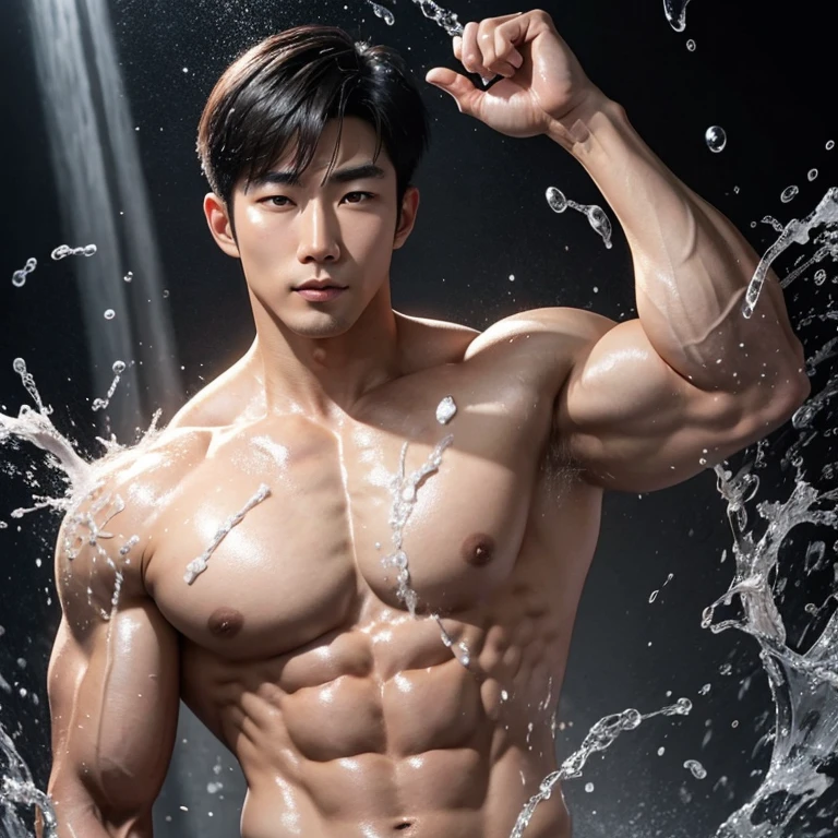 A muscular Korean man whose entire body is soaked in semen.