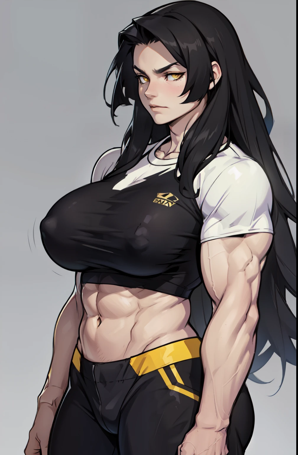 ((1 girl)), extremely long hair, solo, ((muscular)), veins, black hair, yellow eyes, pale skin, strong, veins, abs, (huge breasts), sulking tight shirt