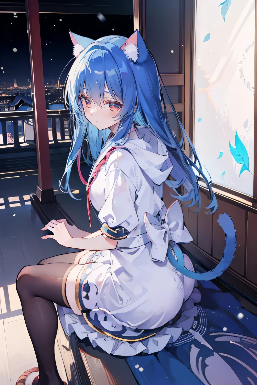 （masterpiece：1.2），Super detailed，lifelike，Expressive eyes，fair skin，perfect face shape，1 girl，
Japanese comics,Gorgeous blue hair,flowing blue hair,flowing clothes,Cat ears,Petals fall,beautiful lola,Baby Angel,
Cross your legs，Gentle and peaceful background，The pavilion is cool and comfortable,smile, wearing hoodie, background of tokyo,back views,snowing, winter,sad face ,crying. 