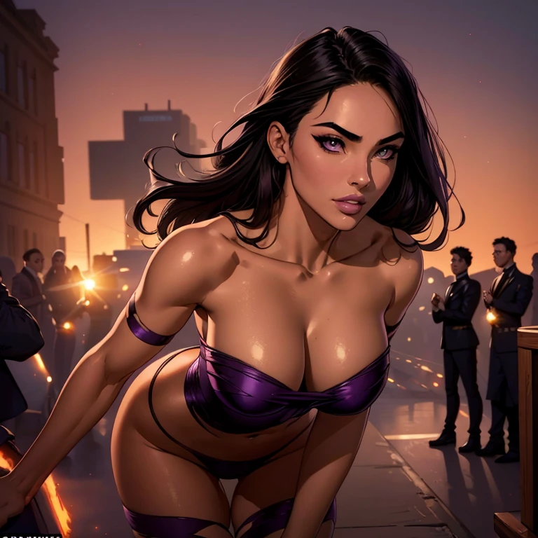 (high quality,realistic:1.2),full body shot,black hair, beautiful 25 years old girl, detailed eyes, luscious lips,sensual gaze,luxurious texture,shimmering highlights,soft shadows,subtle smile,impeccable makeup,perfect skin tone,varied purple hues,mesmerizing presence,extraordinary attention to detail,immaculate shading,flawless complexion,expressive eyebrows,long eyelashes,graceful pose,stylish and confident demeanor, striking ,professional photography,rich color palette,subdued lighting,subtle bokeh effects,glowing complexion,meticulously crafted features,exquisite realism,artistic sophistication. mid distance, battle pose, war scene explosions, purple lasers, battle face expression, big breast, rounfd hips, small waist, fit body, light muscolar, perfect eyes, no nude