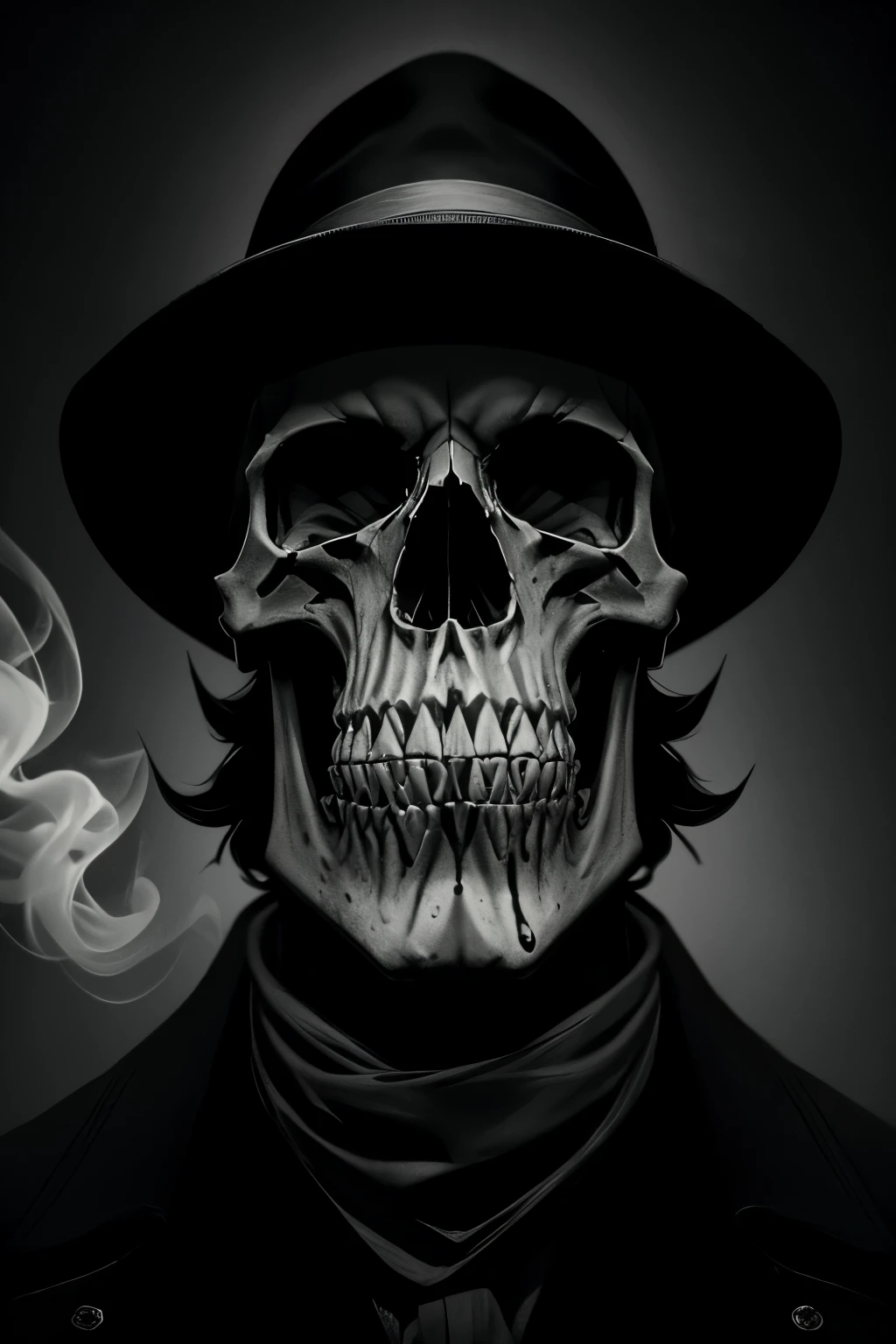 Captivating visual representation of a menacing, smoking skull set against a stark black and white background. The skull, adorned with eerie, intricate patterns, exudes an atmosphere of dread and mystery. Its hollow eye sockets are filled with an eerie green glow, while smoke billows from its nostrils and mouth, enhancing the unsettling aura. The overall effect is one of suspense and anticipation, harking back to classic noir imagery. A Dutch angle and high contrast create an intense, dynamic composition, immersing the viewer in a world of shadows and fear.