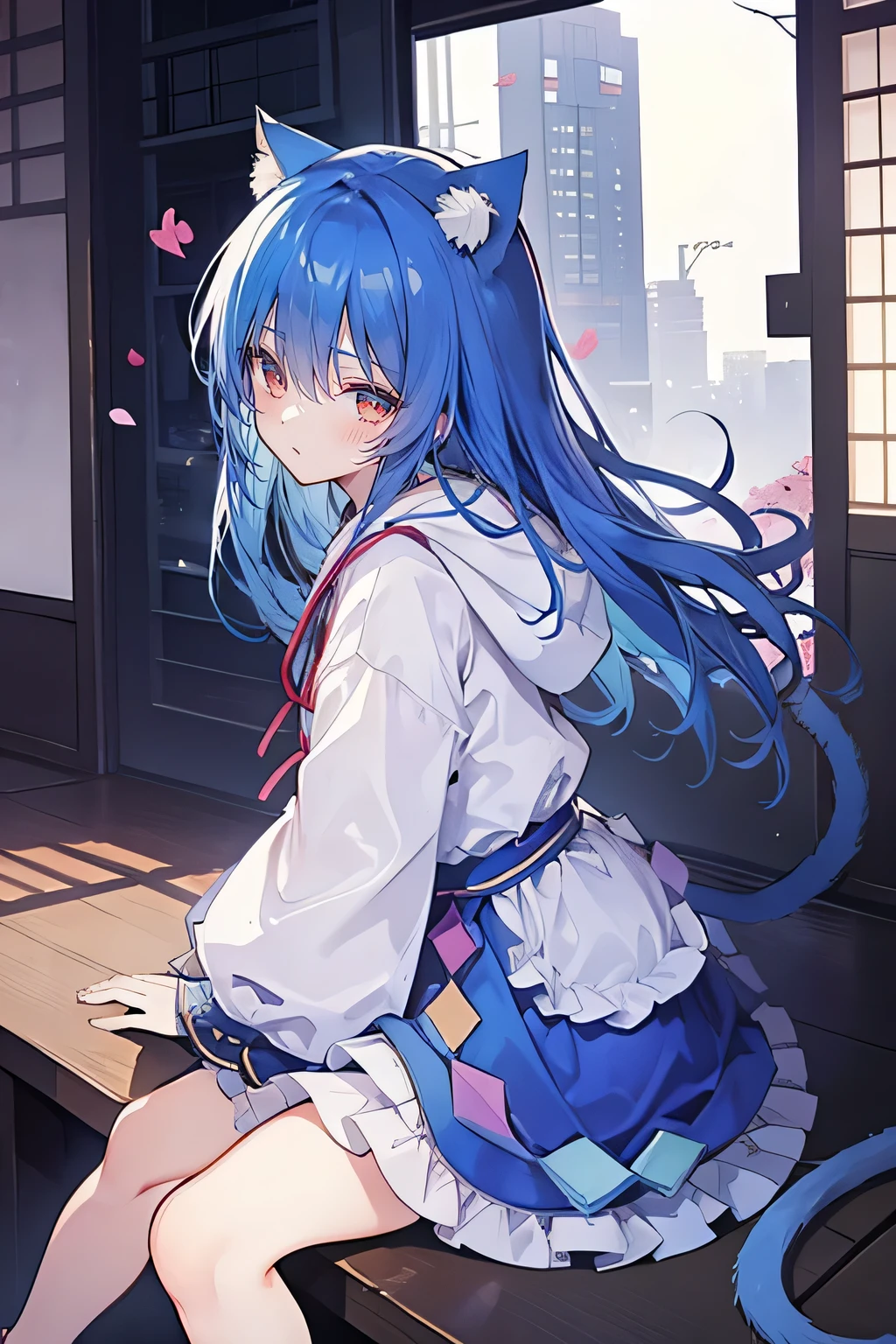 (masterpiece:1.2),Super detailed,lifelike,Expressive eyes,fair skin,perfect face shape,1 girl,
Japanese comics,Gorgeous blue hair,flowing blue hair,flowing clothes,Cat ears,Petals fall,beautiful lola,Baby Angel,
Cross your legs,Gentle and peaceful background,The pavilion is cool and comfortable,smile, wearing hoodie, background of tokyo,back views,snowing, winter,sad face ,crying.