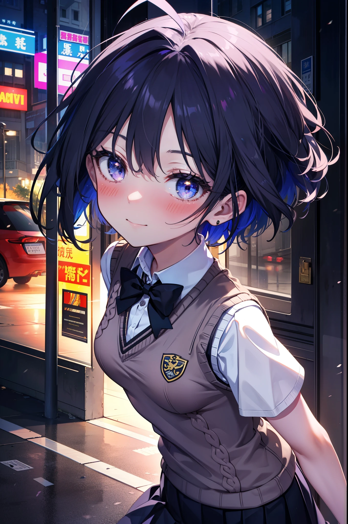 yuukikonno, Yuki Konno,Black Hair,short hair,Bob Hair ,Ahoge,Green headband,(iris:1.5), (Small breasts:1.2), smile,break skirt, shirt, bow, ribbon, , white shirt, Short sleeve, Pleated skirt, collared shirt, mini skirt, bowtie, 茶色のloafers , Black Skirt, Black Pantyhose, loafers, black bow, Sweater vest, (back Sweater vest:1.5),whole bodyがイラストに入るように,walk,
break outdoors, city,construction area,
break looking at viewer, whole body,
break (masterpiece:1.2), highest quality, High resolution, unity 8k wallpaper, (shape:0.8), (Beautiful details:1.6), Highly detailed face, Perfect lighting, Extremely detailed CG, (Perfect hands, Perfect Anatomy),