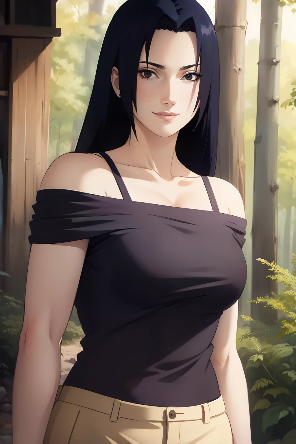 Mikoto Uchiha, oil painting, ultra-detailed, realistic, portrait, vivid colors, soft lighting, (best quality,4k,8k,highres,masterpiece:1.2), professional, long black hair, black eyes, beautiful detailed eyes and face, extremely detailed smile, long eyelashes, looking at viewer, very short top, big ass, bare shoulders, white shorts, outdoors, forest, cowboy shot, clavicle.