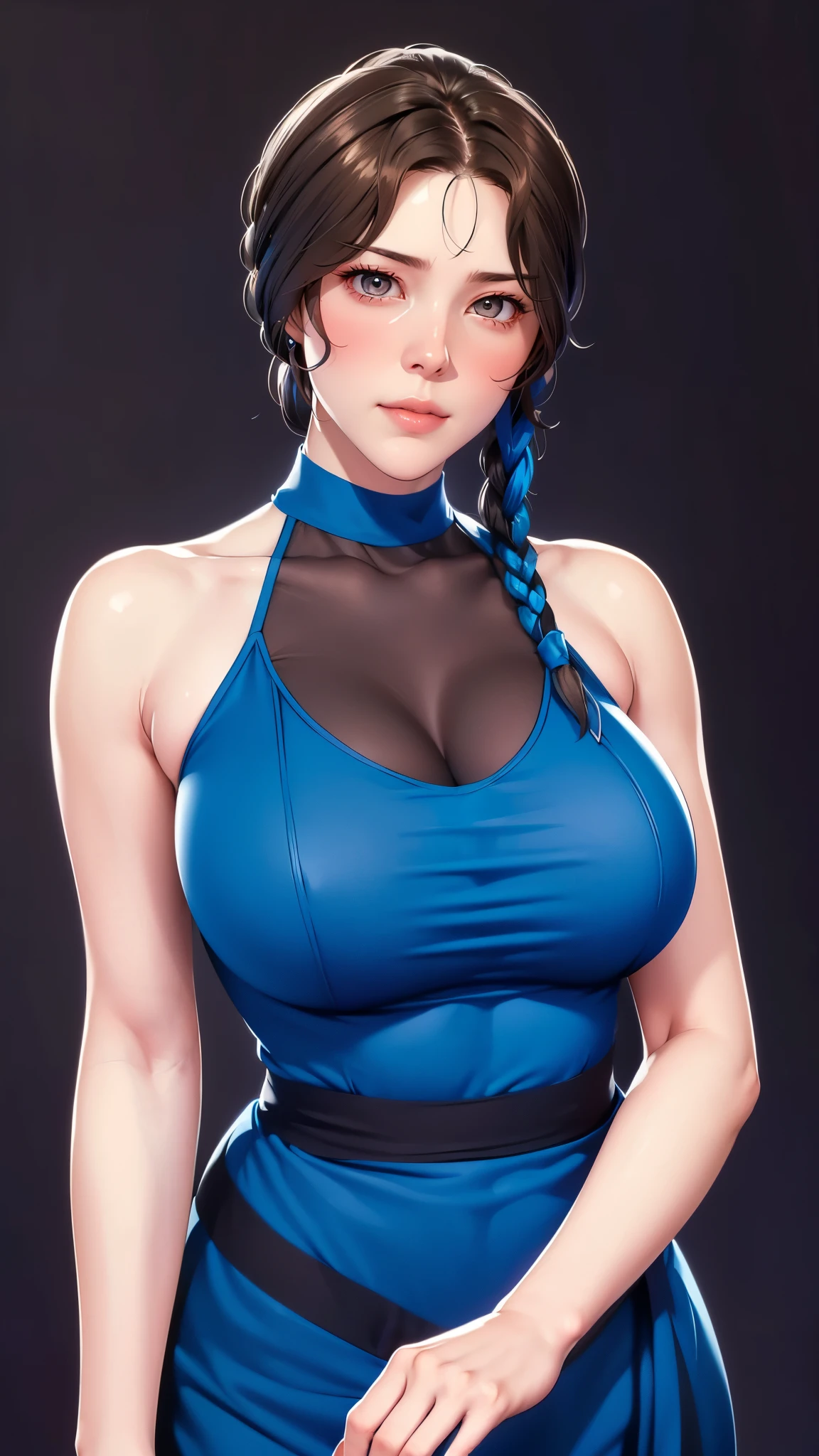 （（（完美figure，figure，solo， White and tender skin，（（（Cyberpunk，blue dress,bare shoulders, clothing cutout, sleeveless dress,））），（（（brown eyes, braid, long hair, braided ponytail, single braid,  hair over shoulder, bangs, blush, lips））），((masterpiece)),high resolution, ((Best quality at best))，masterpiece，quality，Best quality，（（（ Exquisite facial features，Looking at the audience,There is light in the eyes，(（（Smile，confidence））），型figure:1.7））），（（（Light and shadow，Huge breasts））），（（（Looking at the camera，black background，)）））