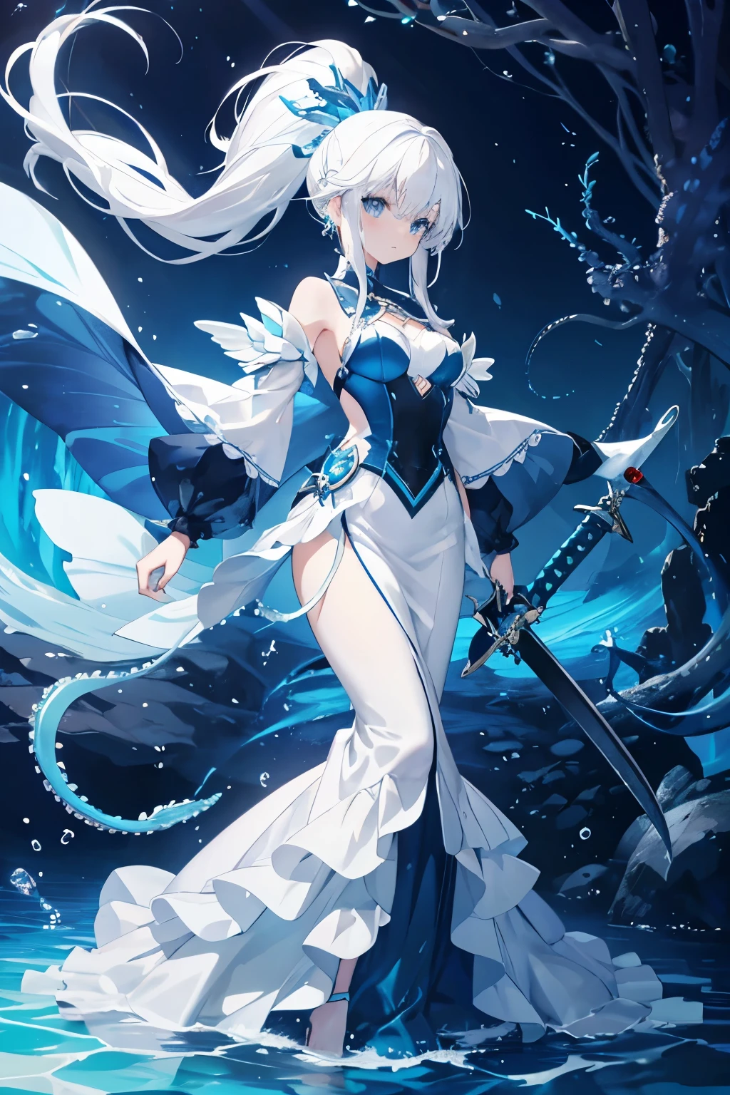 White hair，Blue eyes，Long Ponytail，fin，Fish scales，Mermaid，Deep Ocean，Blue clothes，Blue wings，Long white gauze dress，Tentacles，octopus，Holding a long sword