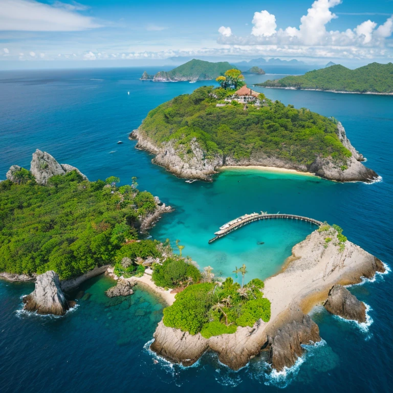 Aerial view of an underwater landscape near an island with a beach, featuring a gentle waterfall flowing over rocks, surrounded by vibrant aquatic plants and various fish. A pirate ship is anchored nearby in the ocean. The horizon is visible in the distance, with soft sunlight penetrating the water, creating a peaceful and realistic underwater scene.