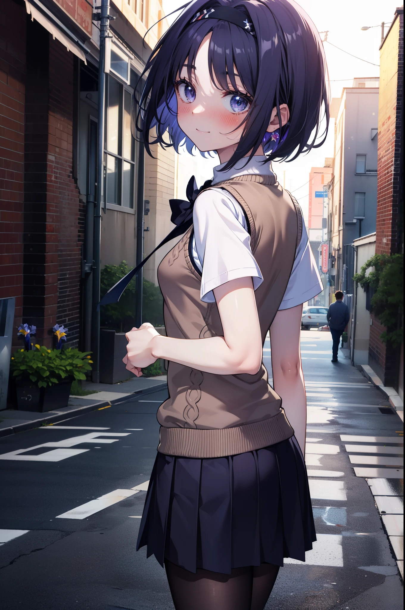 yuukikonno, Yuki Konno,Black Hair,short hair,Bob Hair ,Green headband,(iris:1.5), (Small breasts:1.2), smile,break skirt, shirt, bow, ribbon, , white shirt, Short sleeve, Pleated skirt, collared shirt, mini skirt, bowtie, 茶色のloafers , Black Skirt, Black Pantyhose, loafers, black bow, Sweater vest, (back Sweater vest:1.5),whole bodyがイラストに入るように,walk,
break outdoors,  city,construction area,
break looking at viewer, whole body,
break (masterpiece:1.2), highest quality, High resolution, unity 8k wallpaper, (shape:0.8), (Beautiful details:1.6), Highly detailed face, Perfect lighting, Extremely detailed CG, (Perfect hands, Perfect ???????),