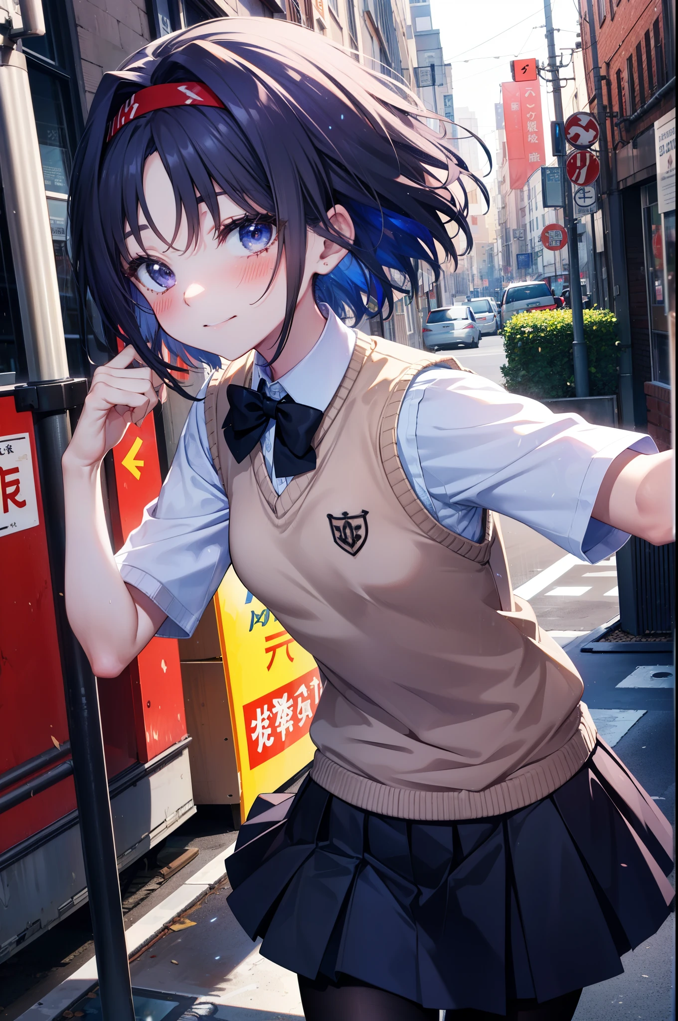 yuukikonno, Yuki Konno,Black Hair,short hair,Bob Hair ,Green headband,(iris:1.5), (Small breasts:1.2), smile,break skirt, shirt, bow, ribbon, , white shirt, Short sleeve, Pleated skirt, collared shirt, mini skirt, bowtie, 茶色のloafers , Black Skirt, Black Pantyhose, loafers, black bow, Sweater vest, (back Sweater vest:1.5),whole bodyがイラストに入るように,walk,
break outdoors,  city,construction area,
break looking at viewer, whole body,
break (masterpiece:1.2), highest quality, High resolution, unity 8k wallpaper, (shape:0.8), (Beautiful details:1.6), Highly detailed face, Perfect lighting, Extremely detailed CG, (Perfect hands, Perfect Anatomy),