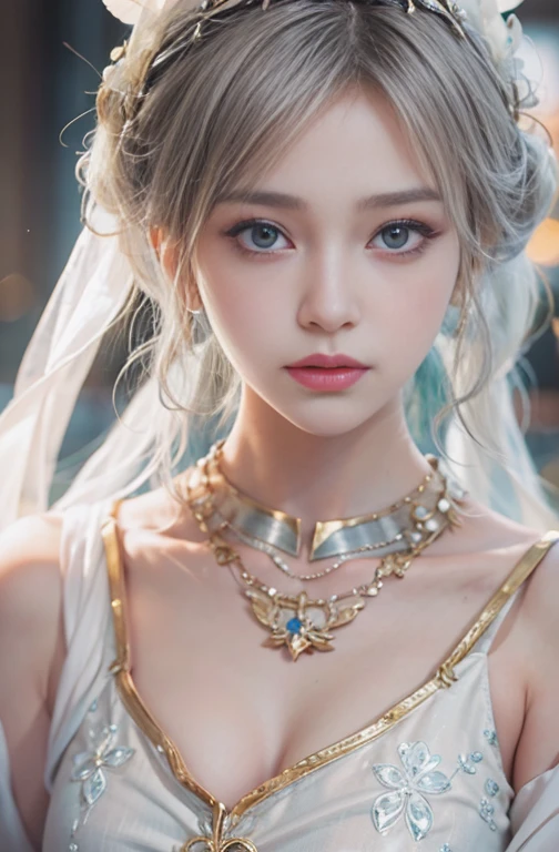 18-year-old, Close up portrait of woman in Ancient Greek clothing、Shoulder out、thin、Serious expression、Short-haired、Deadly position, Gorgeous Necklace, Light milky porcelain skin, Smooth, transparent white skin, Enchanting anime girl, Beautiful and seductive anime woman, Ultra realistic sweet bunny girl, Pale porcelain white skin, Smooth, realistic and perfect body, Anime Girl Cosplay, Perfect body with realistic shadows, Gweitz masterpiece