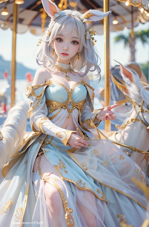 18-year-old, Wide-angle lens, Woman in ancient Greek costume、Woman enjoying merry-go-round at night,Shoulder out、thin、Serious expression、Short-haired、Deadly position, Gorgeous Necklace, Light milky porcelain skin, Smooth, Translucent white skin, Enchanting anime girl, Beautiful and seductive anime woman, Super realistic sweet bunny ears girl, Pale porcelain white skin, Smooth, Realistic and perfect body, Girls Cosplay, Perfect body with realistic shadows, Switzerland'masterpiece, There is a real white rabbit. Red eyes and blue eyes
