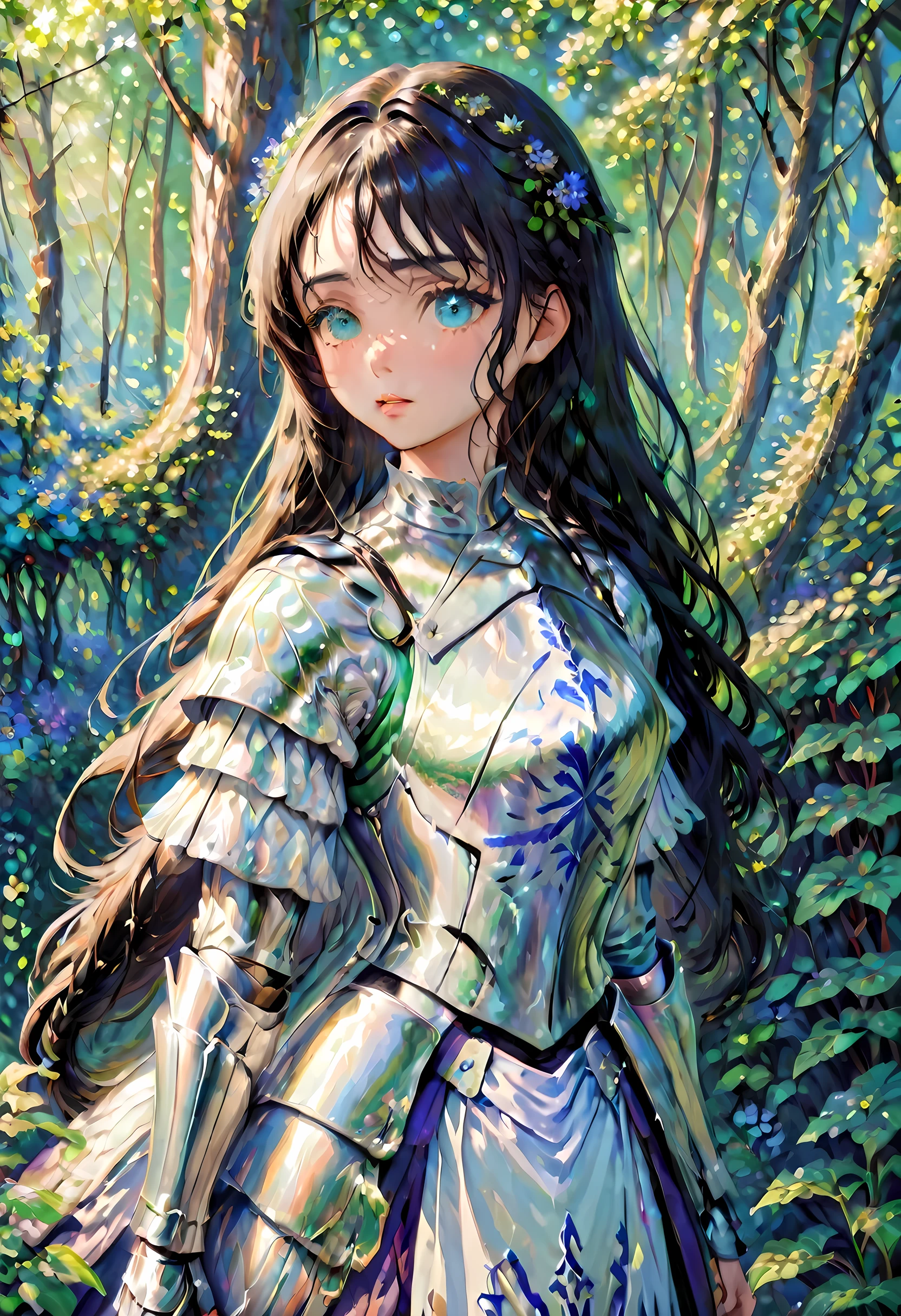 (Claude Monet Style:1.5) Claude_Monet style painting, a picture of woman paladin of nature protecting the forest, a woman knight, black hair, long hair, full body (best details, Masterpiece, best quality :1.5), ultra detailed face (best details, Masterpiece, best quality :1.5), ultra feminine (best details, Masterpiece, best quality :1.5), black hair, long hair, braided hair, pale skin, (deep blue: 1.2) eyes, intense eyes, wearying heavy armor, white armor (best details, Masterpiece, best quality :1.5), green cloak, armed with a sword, glowing sword GlowingRunes_green, fantasy forest background, D&D art, RPG art, magical atmosphere magic-fantasy-forest, ultra best realistic, best details, best quality, 16k, [ultra detailed], masterpiece, best quality, (extremely detailed), ultra wide shot, photorealism, depth of field, hyper realistic painting, ArmoredDress