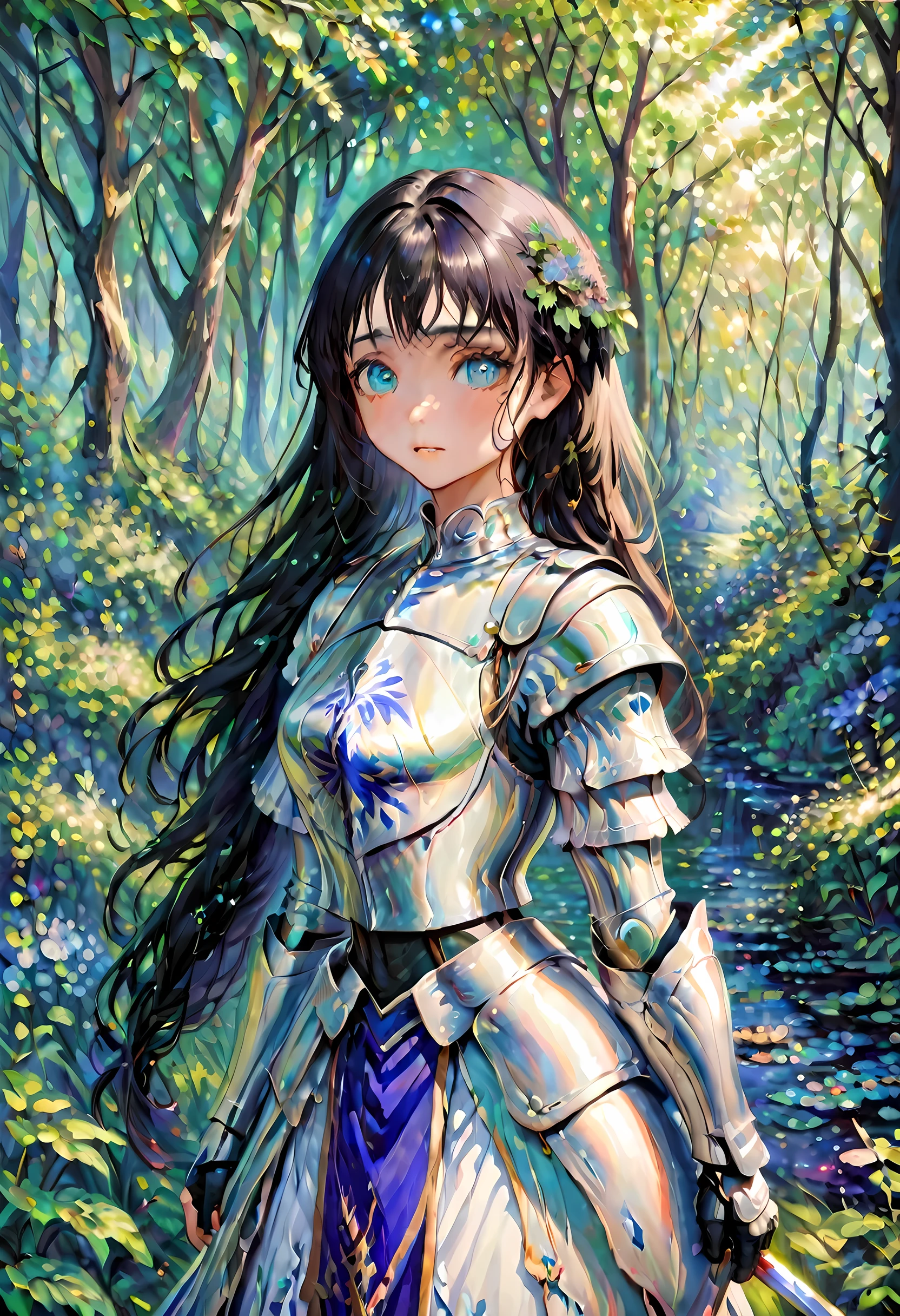 (Claude Monet Style:1.5) Claude_Monet style painting, a picture of woman paladin of nature protecting the forest, a woman knight, black hair, long hair, full body (best details, Masterpiece, best quality :1.5), ultra detailed face (best details, Masterpiece, best quality :1.5), ultra feminine (best details, Masterpiece, best quality :1.5), black hair, long hair, braided hair, pale skin, (deep blue: 1.2) eyes, intense eyes, wearying heavy armor, white armor (best details, Masterpiece, best quality :1.5), green cloak, armed with a sword, glowing sword GlowingRunes_green, fantasy forest background, D&D art, RPG art, magical atmosphere magic-fantasy-forest, ultra best realistic, best details, best quality, 16k, [ultra detailed], masterpiece, best quality, (extremely detailed), ultra wide shot, photorealism, depth of field, hyper realistic painting, ArmoredDress