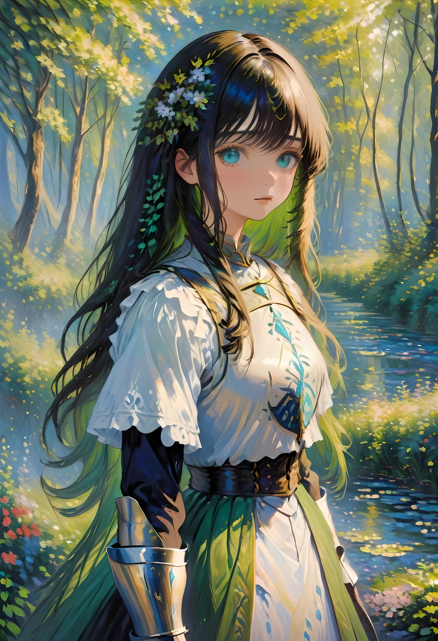 (Claude Monet Style:1.5) Claude_Monet style painting, a picture of woman paladin of nature protecting the forest, a woman knight, black hair, long hair, full body (best details, Masterpiece, best quality :1.5), ultra detailed face (best details, Masterpiece, best quality :1.5), ultra feminine (best details, Masterpiece, best quality :1.5), black hair, long hair, braided hair, pale skin, (deep blue: 1.2) eyes, intense eyes, wearying heavy armor, white armor (best details, Masterpiece, best quality :1.5), green cloak, armed with a sword, glowing sword GlowingRunes_green, fantasy forest background, D&D art, RPG art, magical atmosphere magic-fantasy-forest, ultra best realistic, best details, best quality, 16k, [ultra detailed], masterpiece, best quality, (extremely detailed), ultra wide shot, photorealism, depth of field, hyper realistic painting, ArmoredDress