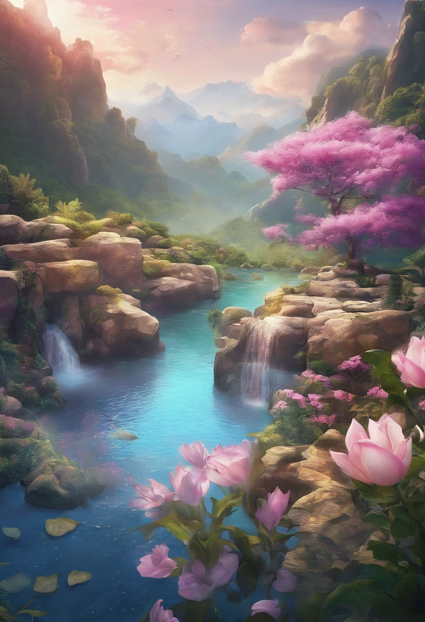 equinox,Sun Terminology in Traditional Chinese,(((マグノリアのflower))),National Style,Ink Style,Solid color background,Cleavage(((swallow)))fly in the sky,Landscape View,Uncharacterized,A calming picture,baptism,Baptism,Garden of Eden,Colorful,Dreamy landscape, cloud, light piercing through the cloud, Reflection on the surface of the water, Gentle waterfall,flower々, flower ,Quiet atmosphere, Richness in details, Surreal beauty, Magical Aura, Fantasy Landscape, High quality digital art, Vibrant colors, Fantastic lighting, Enchanting atmosphere, Artistic Expression, Otherworldly feeling, Beautiful brushwork, Magnificent View, Peaceful tranquility, Immersive Experience, Breathtaking views, Picturesque views, Mysterious charm, Mysterious atmosphere, Nuances, A magical dream. There are no people, Nobody is here