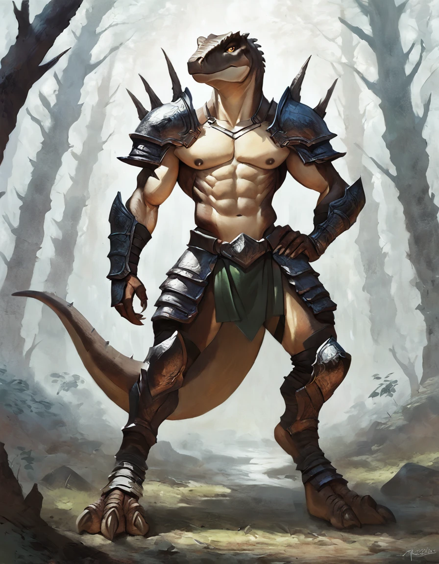 Male anthro dinosaur, concept art, armor, masterpiece, front view, tail, high quality, feet, dark nipples, pose, toned, by manga artist, forest