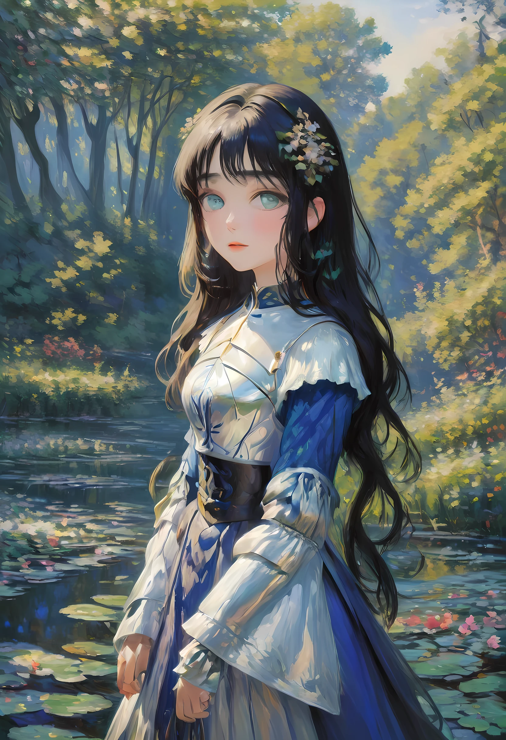 (Claude Monet Style:1.5) Claude_Monet style painting, a picture of woman paladin of nature protecting the forest, a woman knight, black hair, long hair, full body (best details, Masterpiece, best quality :1.5), ultra detailed face (best details, Masterpiece, best quality :1.5), ultra feminine (best details, Masterpiece, best quality :1.5), black hair, long hair, braided hair, pale skin, (deep blue: 1.2) eyes, intense eyes, wearying heavy armor, white armor (best details, Masterpiece, best quality :1.5), green cloak, armed with a sword, glowing sword GlowingRunes_green, fantasy forest background, D&D art, RPG art, magical atmosphere magic-fantasy-forest, ultra best realistic, best details, best quality, 16k, [ultra detailed], masterpiece, best quality, (extremely detailed), ultra wide shot, photorealism, depth of field, hyper realistic painting, ArmoredDress