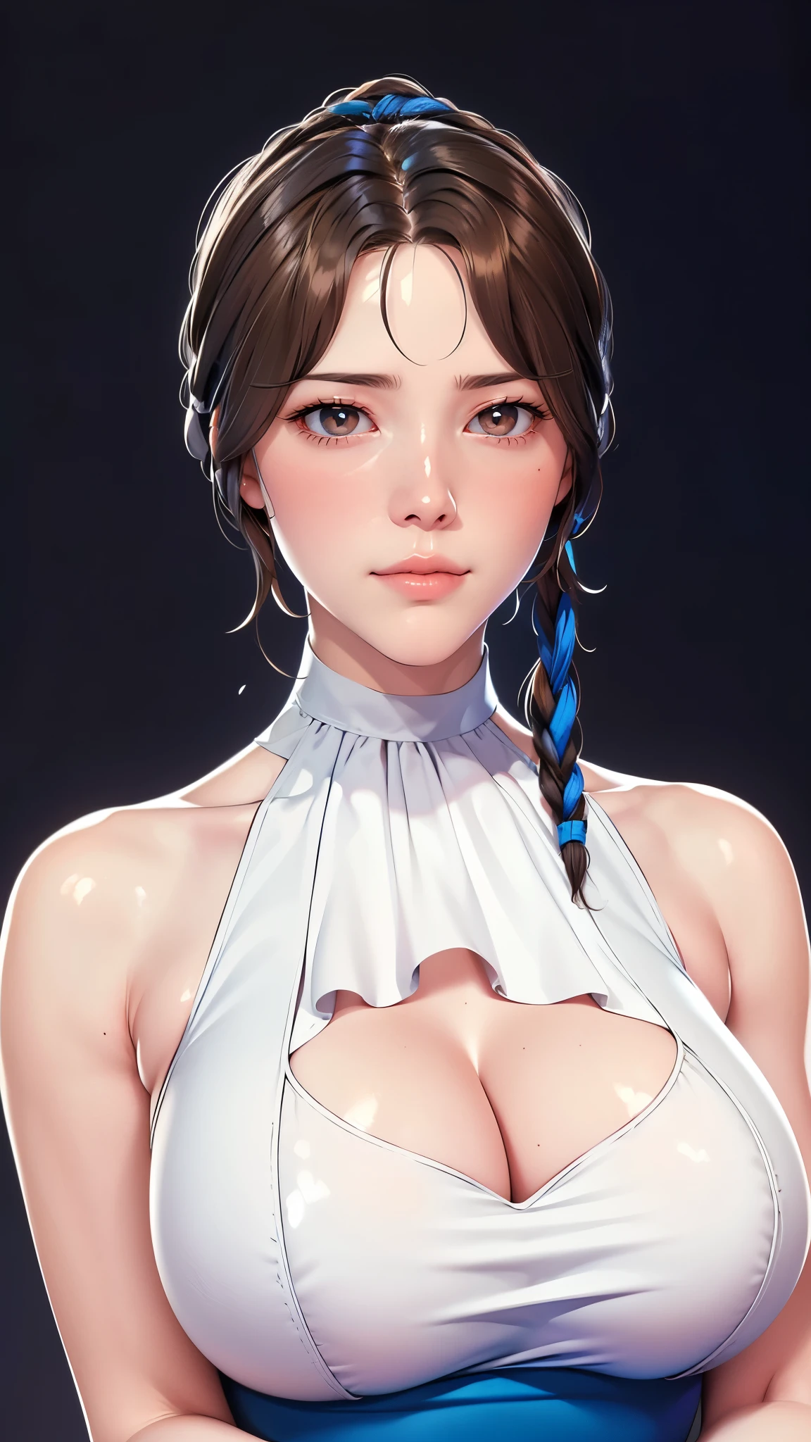 （（（完美figure，figure，solo， White and tender skin，（（（Cyberpunk，blue dress,bare shoulders, clothing cutout, sleeveless dress,））），（（（brown eyes, braid, long hair, braided ponytail, single braid,  hair over shoulder, bangs, blush, lips））），((masterpiece)),high resolution, ((Best quality at best))，masterpiece，quality，Best quality，（（（ Exquisite facial features，Looking at the audience,There is light in the eyes，(（（Smile，confidence））），型figure:1.7））），（（（Light and shadow，Huge breasts））），（（（Looking at the camera，black background，)）））