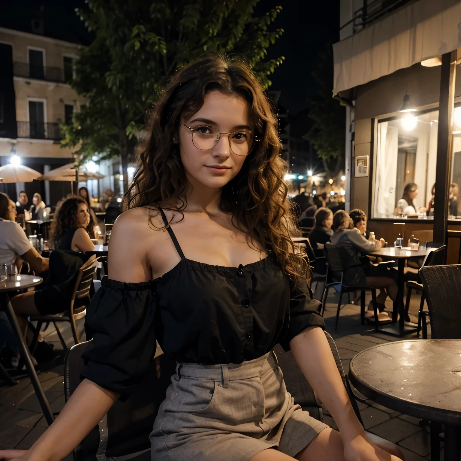 Photo de nuit ;une jeune fille brune de 25 ans portant des lunettes assise sur la chaise; Mid-length curly hair, un café-terrasse tenant un café à la main photographie réaliste