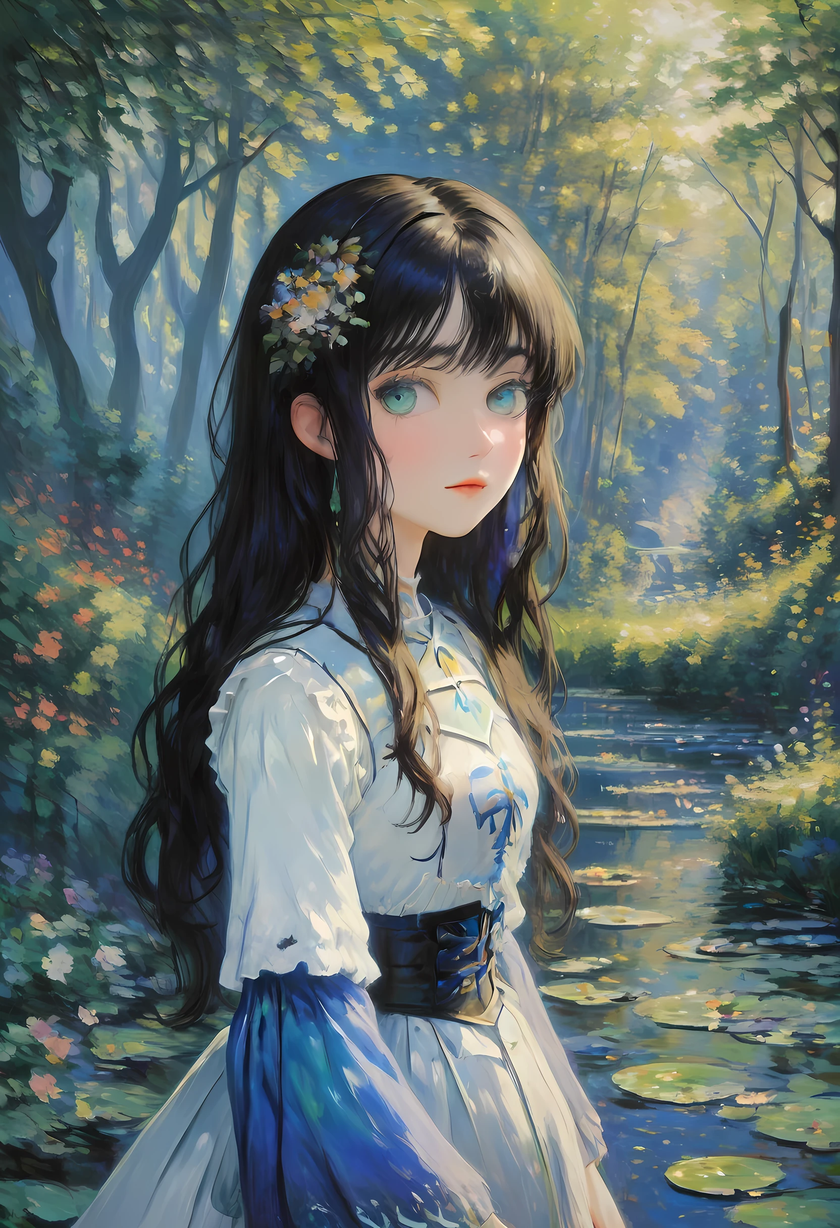 (Claude Monet Style:1.5) Claude_Monet style painting, a picture of woman paladin of nature protecting the forest, a woman knight, black hair, long hair, full body (best details, Masterpiece, best quality :1.5), ultra detailed face (best details, Masterpiece, best quality :1.5), ultra feminine (best details, Masterpiece, best quality :1.5), black hair, long hair, braided hair, pale skin, (deep blue: 1.2) eyes, intense eyes, wearying heavy armor, white armor (best details, Masterpiece, best quality :1.5), green cloak, armed with a sword, glowing sword GlowingRunes_green, fantasy forest background, D&D art, RPG art, magical atmosphere magic-fantasy-forest, ultra best realistic, best details, best quality, 16k, [ultra detailed], masterpiece, best quality, (extremely detailed), ultra wide shot, photorealism, depth of field, hyper realistic painting, ArmoredDress