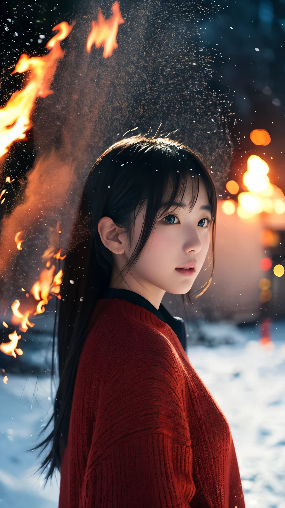 • Keep the atmosphere of winter nights、Draw snow falling。
• Highlight the burning fire in the background、Make the flame's brightness shine on the character。
2. character:
• Draw characters in anime or manga style。
• Attention to detail and expression of clothes、Keeping the original feel。
• Enhance light reflections and shadows、Create a three-dimensional effect。
3. Use of color:
• Warm colors of flames(Red or orange)and the cold colors of snow(Blue or white)Make use of the contrast。
• Use natural colors for the character's clothes and hair.。