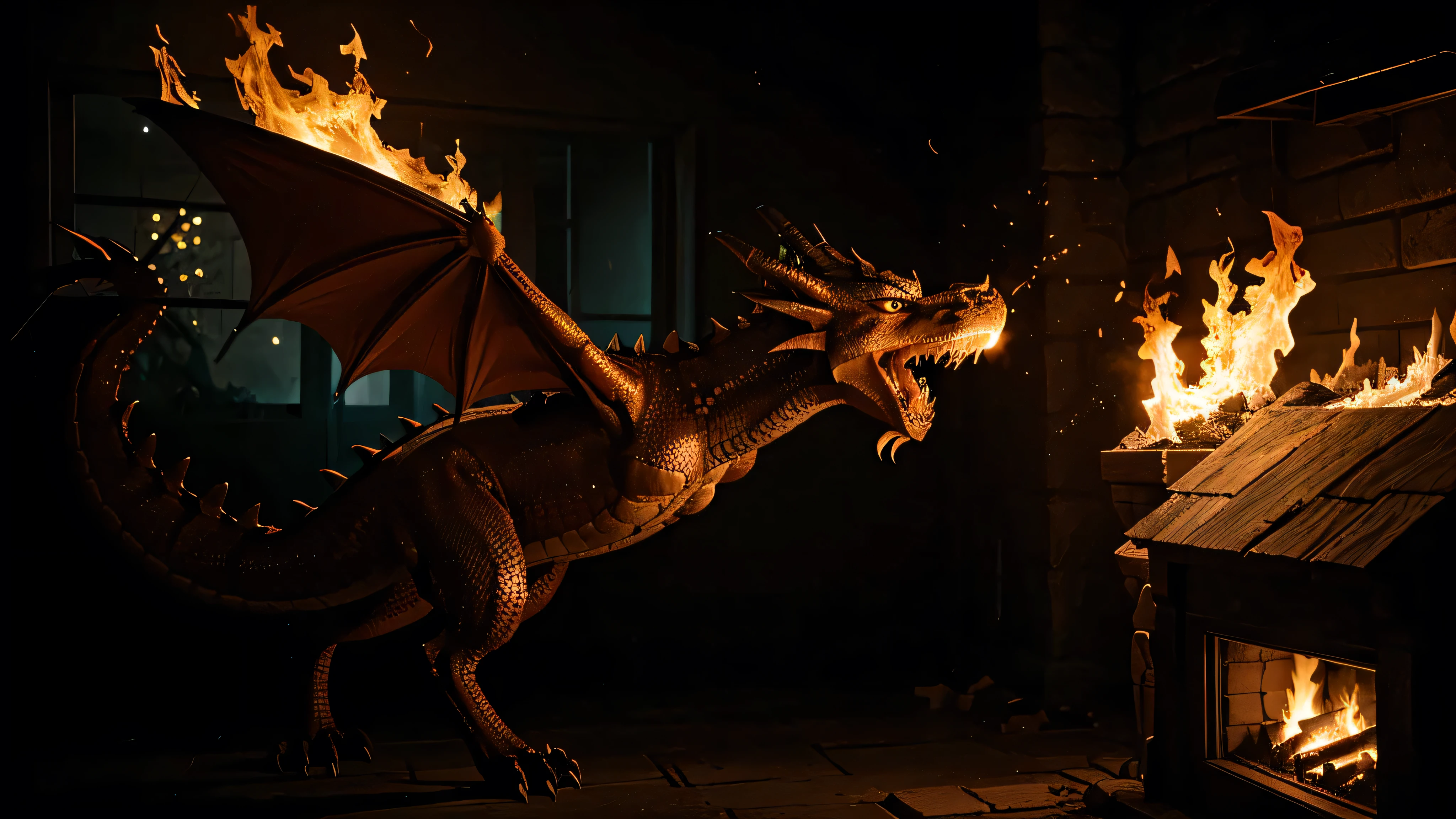 Draw an evil dragon spitting fire at a house