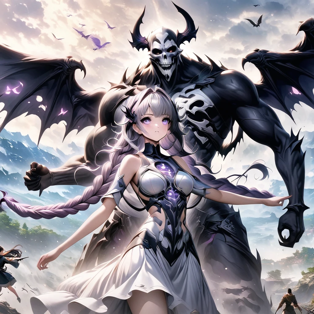 Death Demon,Dragon Island, Double braid girl,(White background:1.2)，Cartoon character with wings flying over woman in purple and white dress, Cool anime 8K, Devil anime girl,  white hair deity, Anime epic artwork, best anime 4k konachan wallpapers, angel knight girl, 2. 5D CGI anime fantasy artwork, Angels Watching the Devil, Anime Key Art, Eros and Thanatos, Dark Angel, Epic anime style, Ghost Hunters Art Style