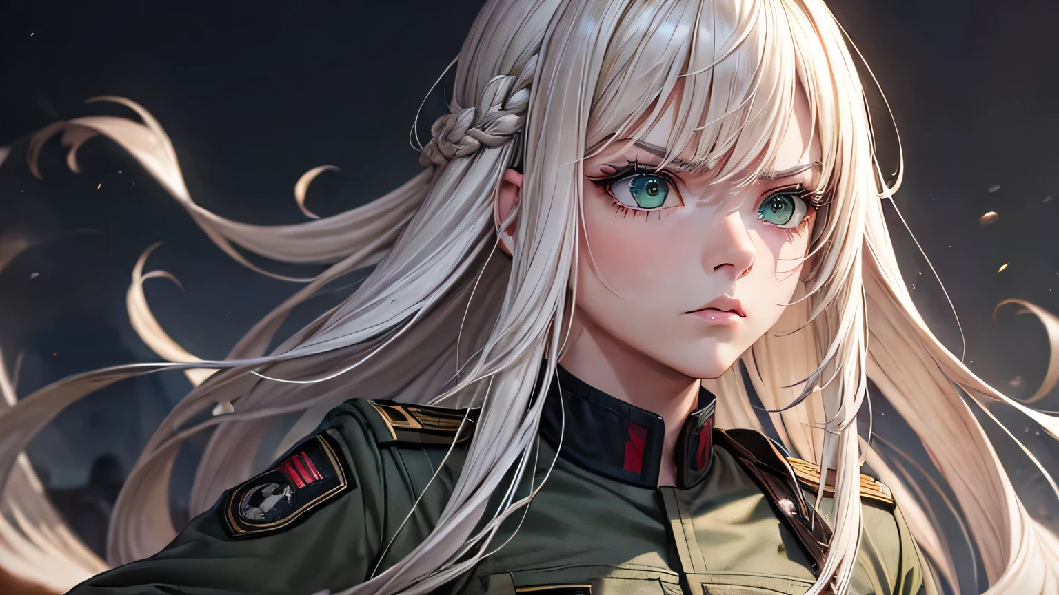 (masterpiece:1.2, highest quality), (live-action, Intricate details), 1 Female, alone, Upper Body, Long Hair, Minimal makeup, Detailed face, Angry expression, Very long light platinum blonde hair, bangs, Hair between the eyes, Green Eyes, big plump breasts, big ass, big , Clothes, army clothing, army, Severe, War Settings, army Clothes, army pants, Beautiful soldier girl, modern army, Severe army Clothes, (war background)