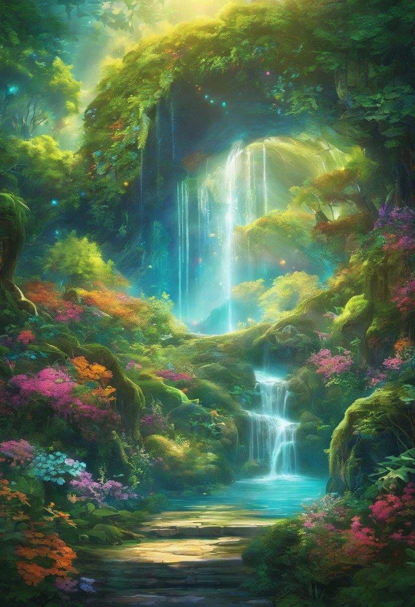 (highest quality,4K,8k,High resolution,masterpiece:1.2),Super detailed,(Realistic,photoRealistic,photo-Realistic:1.37),A forest spirit with glowing wings, Made of leaves and nature,Mysterious glow,Pure,Majestic,green,Dreamy environment,Magic enchantment,delicate and intricate leaf pattern,,Harmony with the surroundings,Sunlight reflected on the wings,Glittering in the dark,Calm and graceful posture,Evoking the forces of nature,A little sparkling dew on the wings,Soft and gentle color palette,An atmosphere of mystery and enchantment,A touch of magic in the air,Whispering wind and rustling leaves,Connection with trees and plants,A strong connection to the forest,Full of natural energy,Pure美しさと無邪気さ,evoke a sense of wonder and awe,Graceful and smooth movements,Natural and organic aesthetic,Heavenly and Spiritual Beings,Sunlight filtering through the forest canopy,Fairy-like features,Aura of Wisdom and Ancient,Enchanted、Untouched Forest Kingdom,step by step、Every time it flaps its wings, magic is born,Delicate and ephemeral,Illuminating the darkest corners of the forest,Close bond with forest animals and creatures,Peaceful and calm atmosphere,A deep sense of harmony between nature and the nymphs,Whispering the Secrets of the Forest,Each leaf is intricately designed、Full of vitality,An overwhelming sense of calm and serenity,A lively and playful spirit.baptism,Baptism,Garden of Eden,Colorful,Dreamy landscape, cloud, light piercing through the cloud, Reflection on the surface of the water, Gentle waterfall,flower々, flower ,Quiet atmosphere, Richness in details, 超Realisticな美しさ, Magical Aura, Fantasy Landscape, High quality digital art, Vibrant colors, Fantastic lighting, Enchanting atmosphere, Artistic Expression, Otherworldly feeling, Beautiful brushwork, Magnificent View, Peaceful tranquility, Immersive Experience, Breathtaking views, Picturesque views, Mysterious charm, Mysterious atmosphere, Nuances, A magical dream. There are no people, Nobody is here