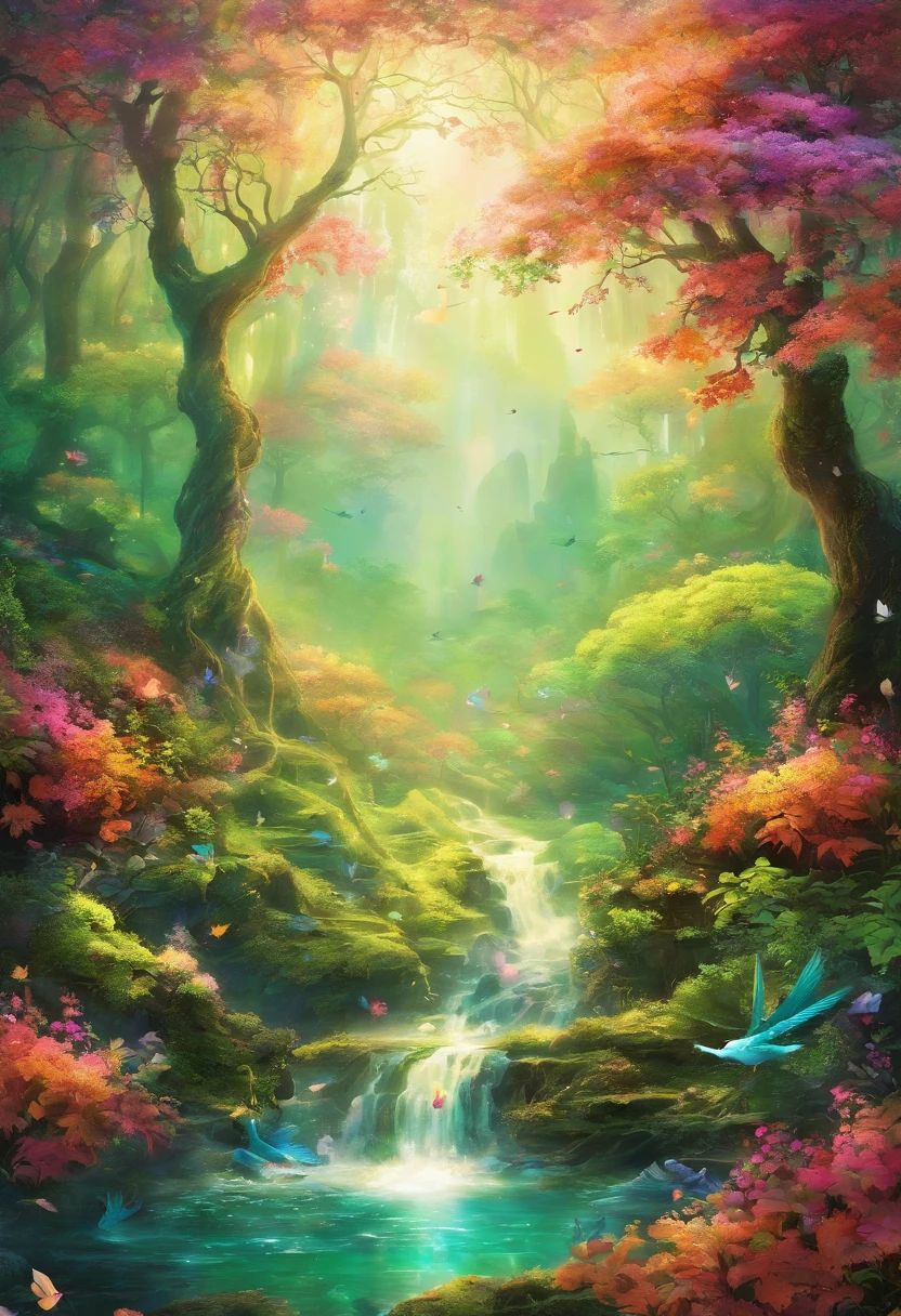 (highest quality,4K,8k,High resolution,masterpiece:1.2),Super detailed,(Realistic,photoRealistic,photo-Realistic:1.37),A forest spirit with glowing wings, Made of leaves and nature,Mysterious glow,Pure,Majestic,green,Dreamy environment,Magic enchantment,delicate and intricate leaf pattern,,Harmony with the surroundings,Sunlight reflected on the wings,Glittering in the dark,Calm and graceful posture,Evoking the forces of nature,A little sparkling dew on the wings,Soft and gentle color palette,An atmosphere of mystery and enchantment,A touch of magic in the air,Whispering wind and rustling leaves,Connection with trees and plants,A strong connection to the forest,Full of natural energy,Pure美しさと無邪気さ,evoke a sense of wonder and awe,Graceful and smooth movements,Natural and organic aesthetic,Heavenly and Spiritual Beings,Sunlight filtering through the forest canopy,Fairy-like features,Aura of Wisdom and Ancient,Enchanted、Untouched Forest Kingdom,step by step、Every time it flaps its wings, magic is born,Delicate and ephemeral,Illuminating the darkest corners of the forest,Close bond with forest animals and creatures,Peaceful and calm atmosphere,A deep sense of harmony between nature and the nymphs,Whispering the Secrets of the Forest,Each leaf is intricately designed、Full of vitality,An overwhelming sense of calm and serenity,A lively and playful spirit.baptism,Baptism,Garden of Eden,Colorful,Dreamy landscape, cloud, light piercing through the cloud, Reflection on the surface of the water, Gentle waterfall,flower々, flower ,Quiet atmosphere, Richness in details, 超Realisticな美しさ, Magical Aura, Fantasy Landscape, High quality digital art, Vibrant colors, Fantastic lighting, Enchanting atmosphere, Artistic Expression, Otherworldly feeling, Beautiful brushwork, Magnificent View, Peaceful tranquility, Immersive Experience, Breathtaking views, Picturesque views, Mysterious charm, Mysterious atmosphere, Nuances, A magical dream. There are no people, Nobody is here