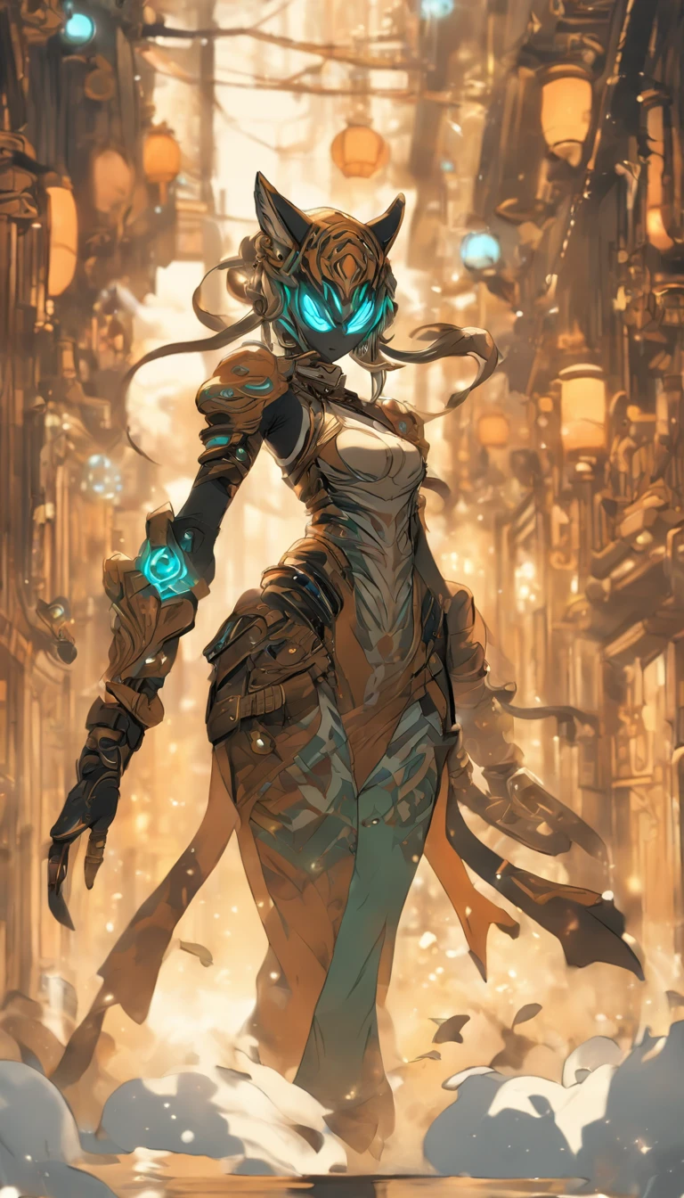 Chinese ink style,Steampunk world,Tiger-shaped steampunk warframe girl,Jet steam is suspended in the city air,Ink animation art,Ink comic art,water ink,ink,Smudge,8K,Delicately portrayed,Works of masters,Black and white tones