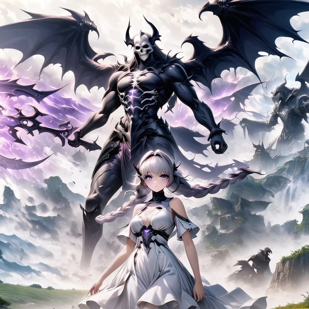 Death Demon,Dragon Island, Double braid girl,(White background:1.2)，Cartoon character with wings flying over woman in purple and white dress, Cool anime 8K, Devil anime girl,  white hair deity, Anime epic artwork, best anime 4k konachan wallpapers, angel knight girl, 2. 5D CGI anime fantasy artwork, Angels Watching the Devil, Anime Key Art, Eros and Thanatos, Dark Angel, Epic anime style, Ghost Hunters Art Style