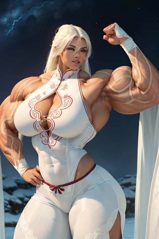 ((((Massive tall, beautiful, buff, brown skinned muscular woman with white hair, ginormous muscles, wearing a beautiful silk white Tai Chi–fu and pants adorned with intricate snowflake designs)))), (close view), massive muscles, massive biceps, hyper muscle shoulders, massive muscle arms, vascular shoulders, hyper muscle triceps, (long straight hair), blue eyes, choker, kung fu shoes, (in a land surrounded by white lightning and thunder), confident smile, night, hyper muscles arms, hyper muscle legs, massive arms
