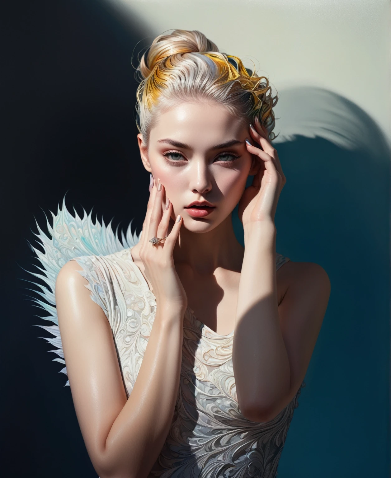 (masterpiece, top quality, best quality, official art, beautiful and aesthetic:1.2), (1girl), extreme detailed,(fractal art:1.3),colorful,highest detailed chiaroscuro technique on illustration of an elegant oldies , wet hair, vintage, eerie, matte painting, by Hannah Dale, by Harumi Hironaka, extremely soft colors, vibrant, highly detailed, digital illustrations , high contrast, dramatic, refined, tonal, emotional expression, golden ratio