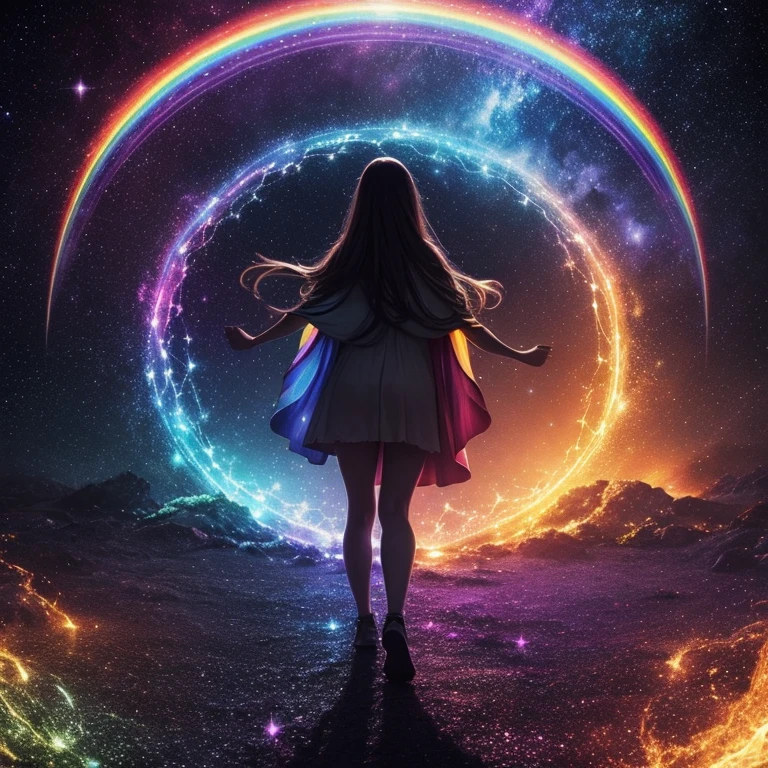 Rainbows criss-crossing, galaxy scene, endless magic, infinity, cosmos, divinity