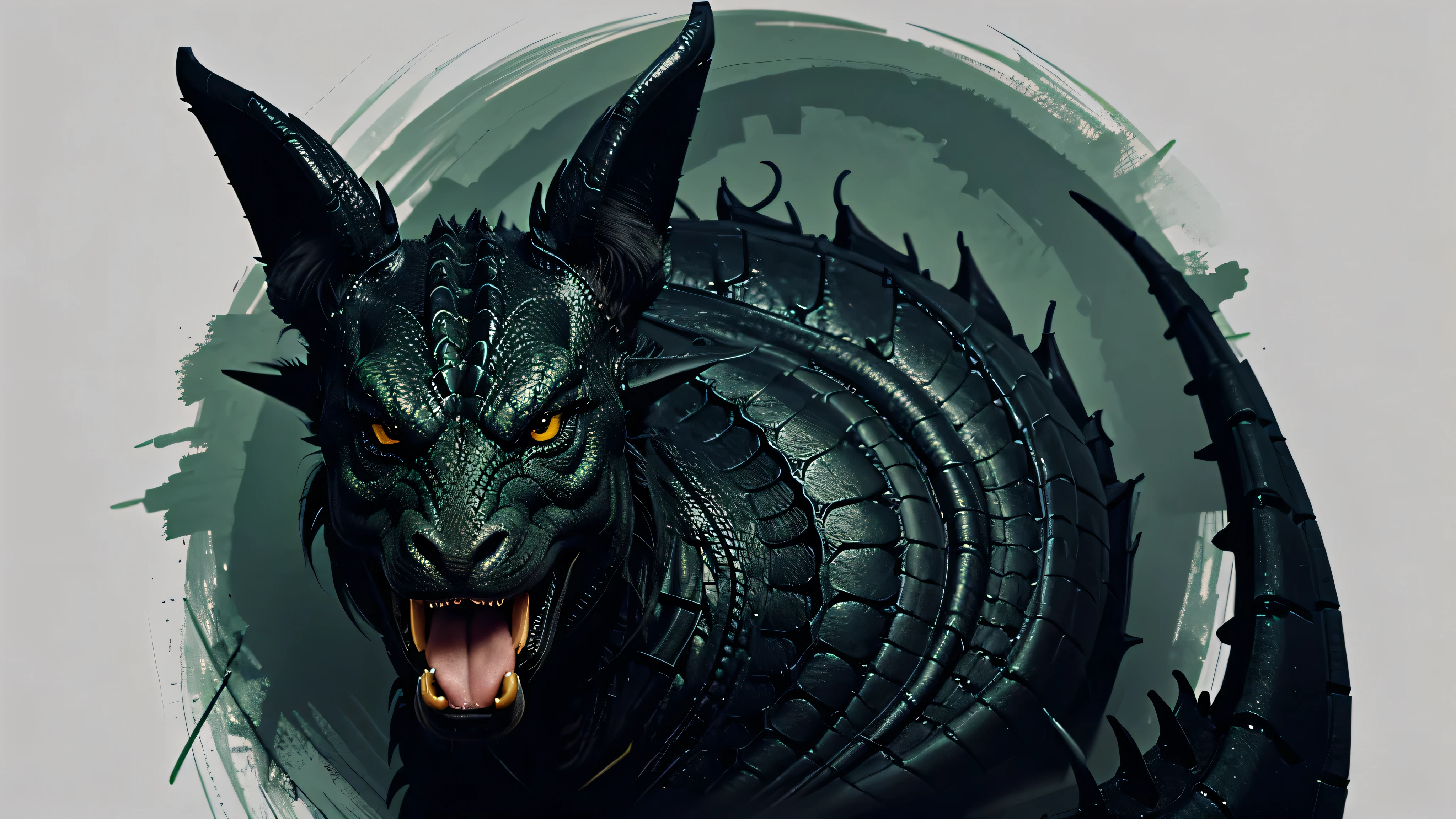 Draw an evil black dragon with green eyes and a long tongue