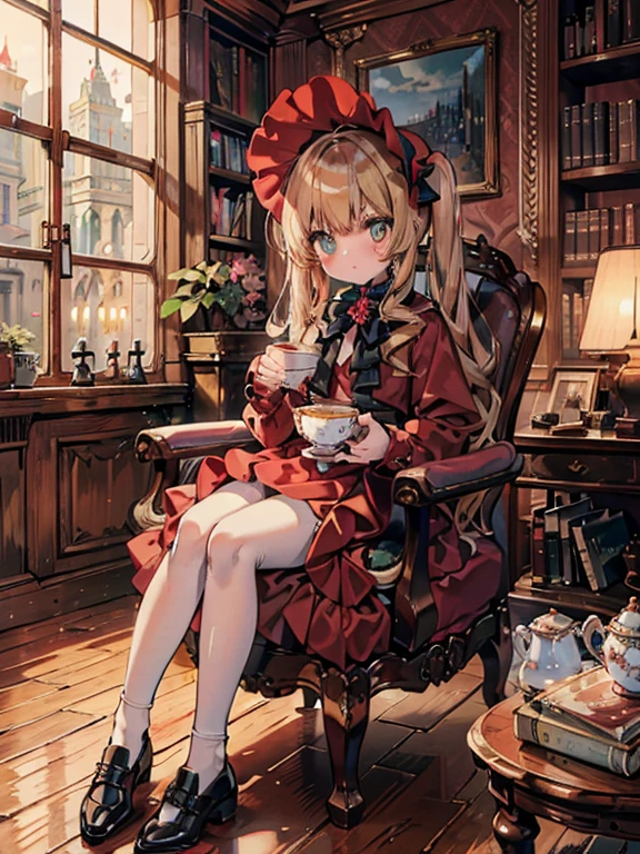 masterpiece, highest quality, Very detailed, 16k, Ultra-high resolution, Cowboy Shot, One 8-year-old girl, Detailed face, Perfect Fingers, Golden Eyes, Blonde,  Original Costume, Twin tails, bonnet、Red dress、White pantyhose cup、Black shoes, Western-style building, libraryai, Sit in a luxurious chair, Drinking tea