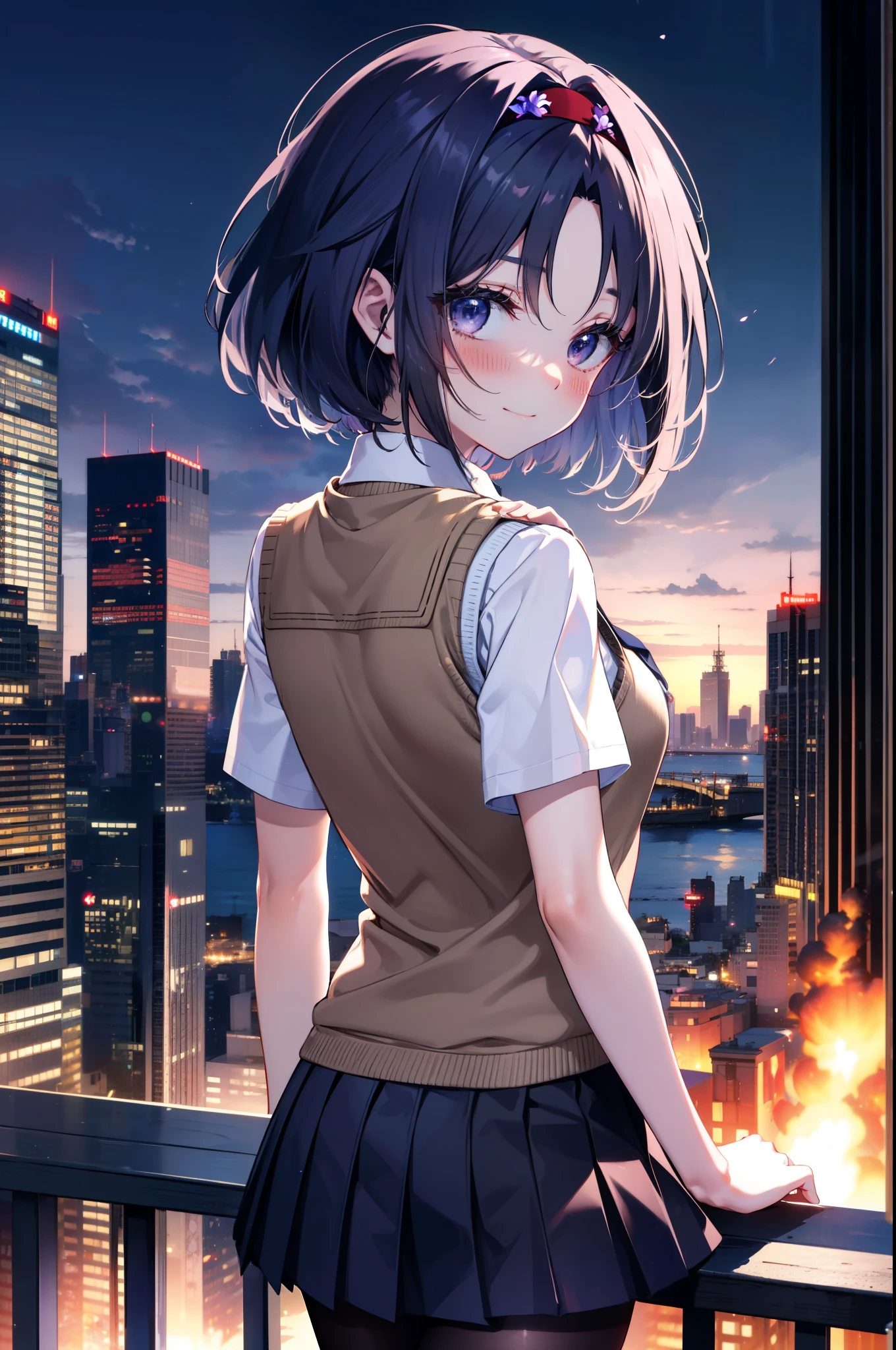 yuukikonno, Yuki Konno,Black Hair,short hair,Bob Hair ,Green headband,(iris:1.5), (Small breasts:1.2), smile,break skirt, shirt, bow, ribbon, , white shirt, Short sleeve, Pleated skirt, collared shirt, mini skirt, bowtie, 茶色のloafers , Black Skirt, Black Pantyhose, loafers, black bow, Sweater vest, (back Sweater vest:1.5),whole bodyがイラストに入るように,walk,
break outdoors, city,construction area,
break looking at viewer, whole body,
break (masterpiece:1.2), highest quality, High resolution, unity 8k wallpaper, (shape:0.8), (Beautiful details:1.6), Highly detailed face, Perfect lighting, Extremely detailed CG, (Perfect hands, Perfect Anatomy),