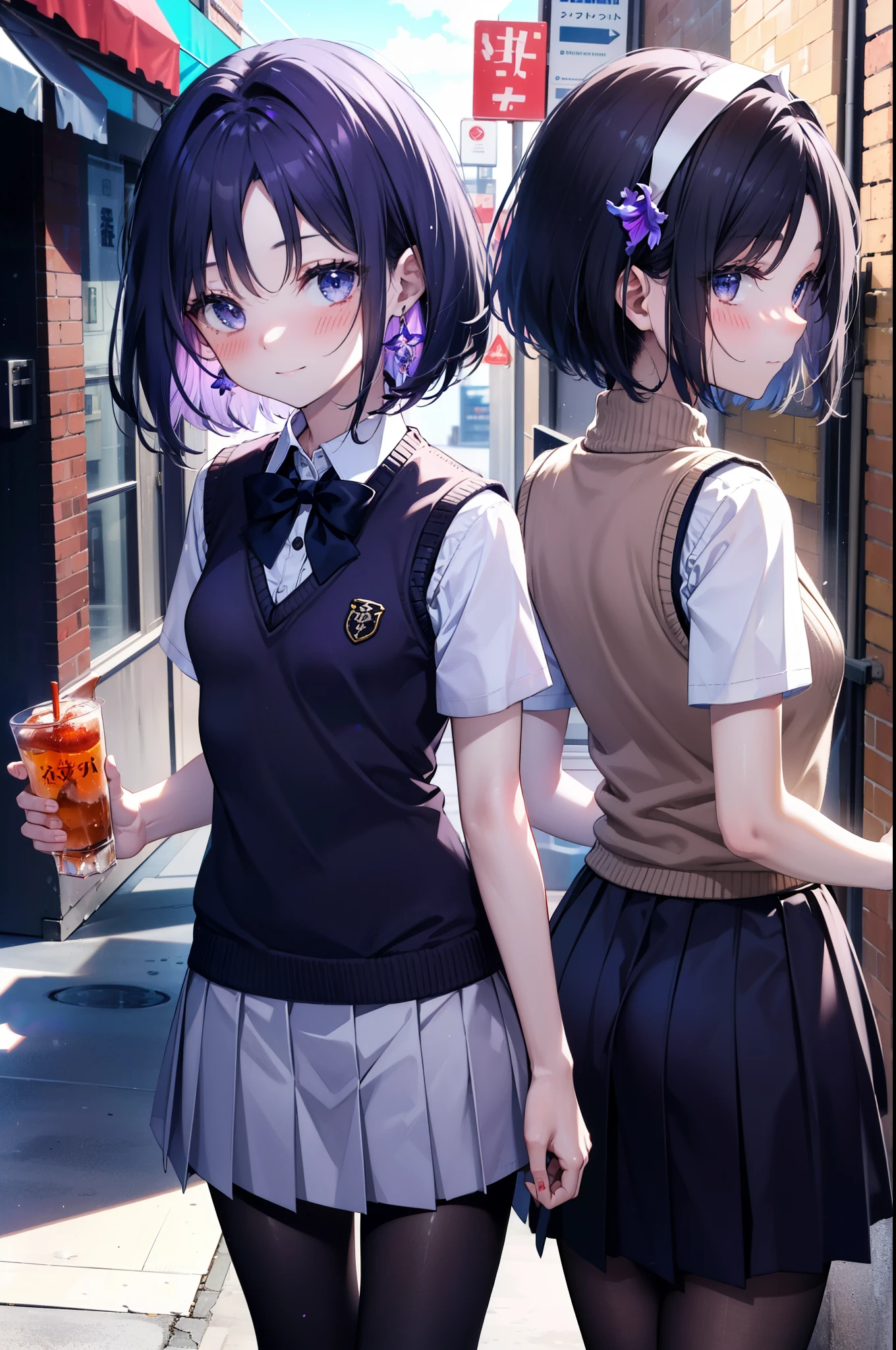 yuukikonno, Yuki Konno,Black Hair,short hair,Bob Hair ,Green headband,(iris:1.5), (Small breasts:1.2), smile,break skirt, shirt, bow, ribbon, , white shirt, Short sleeve, Pleated skirt, collared shirt, mini skirt, bowtie, 茶色のloafers , Black Skirt, Black Pantyhose, loafers, black bow, Sweater vest, (back Sweater vest:1.5),whole bodyがイラストに入るように,walk,
break outdoors,  city,construction area,
break looking at viewer, whole body,
break (masterpiece:1.2), highest quality, High resolution, unity 8k wallpaper, (shape:0.8), (Beautiful details:1.6), Highly detailed face, Perfect lighting, Extremely detailed CG, (Perfect hands, Perfect Anatomy),