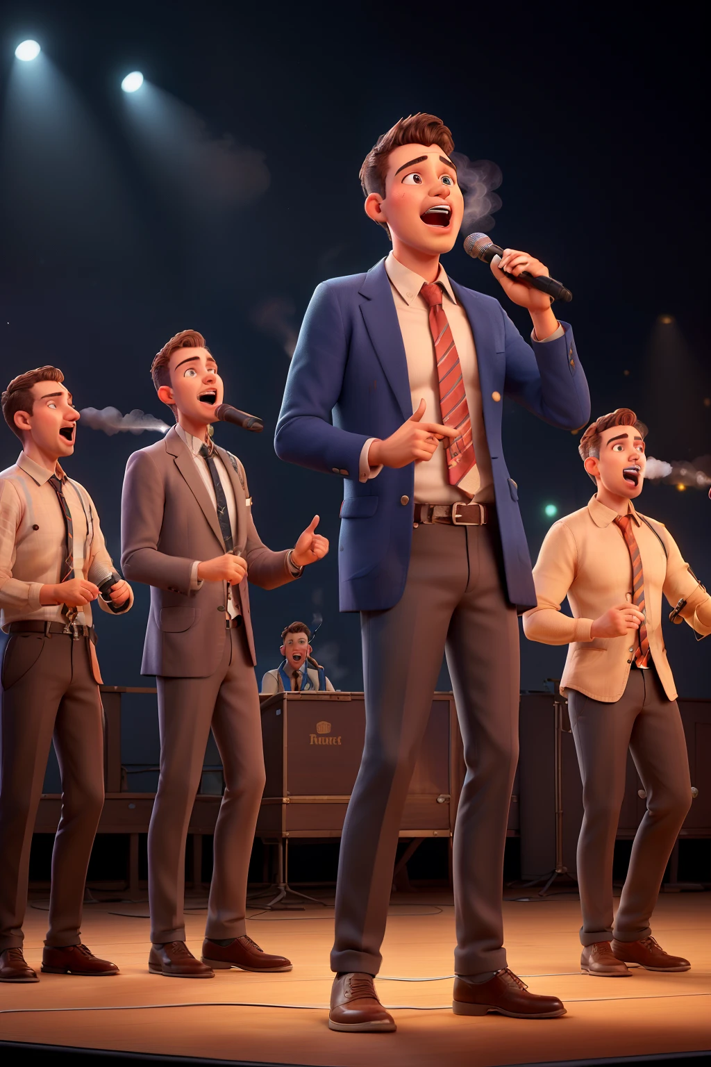 ((melhor qualidade)), ((just Four male singers in toothpicks and ties, singing acapella into a vintage microphone, on a stage, with lights and smokeObra de arte)), (detalhado), rosto perfeito